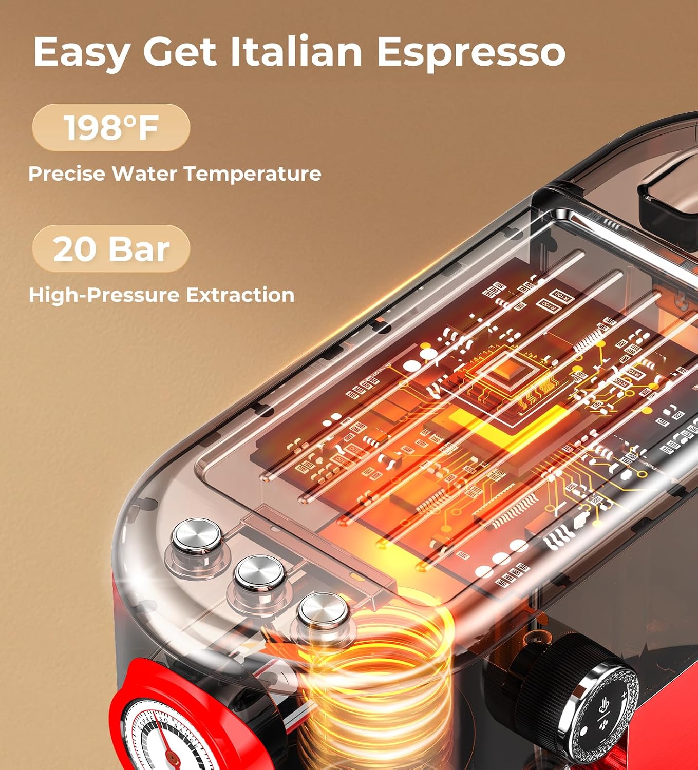 atatix 20 Bar Espresso Machine with Milk Frother, Compact Espresso Maker, Stainless Steel Coffee Machine with Precise Temp Control & 44oz Removable Water Tank for Latte, Cappuccino, Red