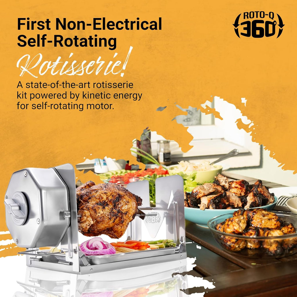 ROTO-Q 360 Family Rotisserie Kit – Non-Electric Wind-Up Spit Roaster with Tumble Basket, Flat Cage, Skewer Set & Mat for Grill, Oven, Smoker, Portable BBQ Cooking, Tailgating, or Camping Use