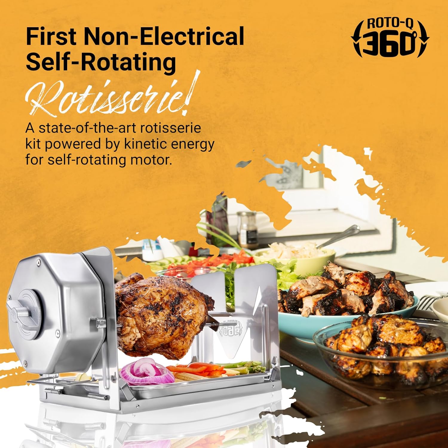 ROTO-Q 360 Family Rotisserie Kit – Non-Electric Wind-Up Spit Roaster with Tumble Basket, Flat Cage, Skewer Set & Mat for Grill, Oven, Smoker, Portable BBQ Cooking, Tailgating, or Camping Use