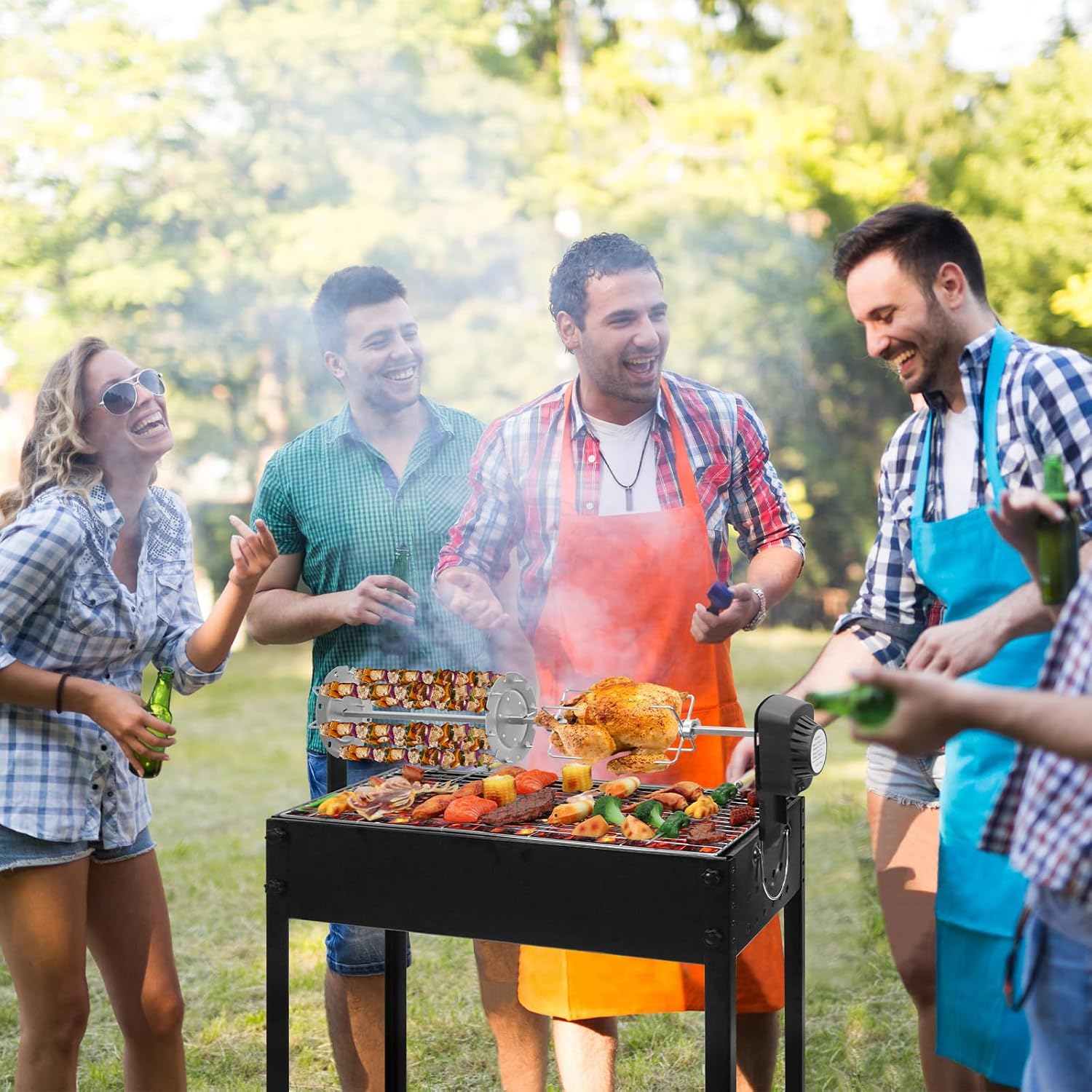 ptlsy Rotating Barbecue Charcoal Grill with Rotisserie Meat Forks & 6-Piece Skewer Set for Outdoor Cooking Camping Hiking Picnics Tailgating Backpacking or Any Outdoor Event