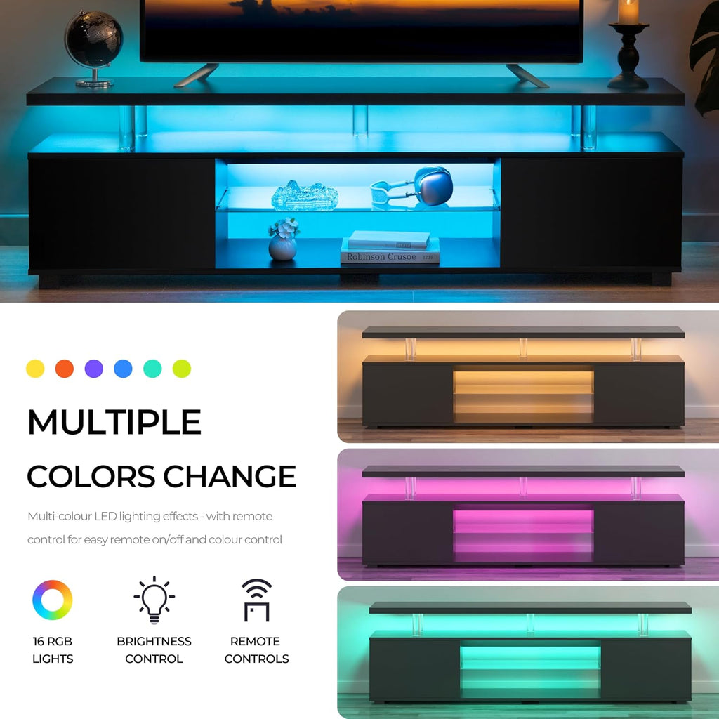 Cubehom Black TV Stand,Glass TV Stands for Living Room,TV Stand for 75+ inch TV,Long TV Cabinet for Living Room,Bedroom,Home Office
