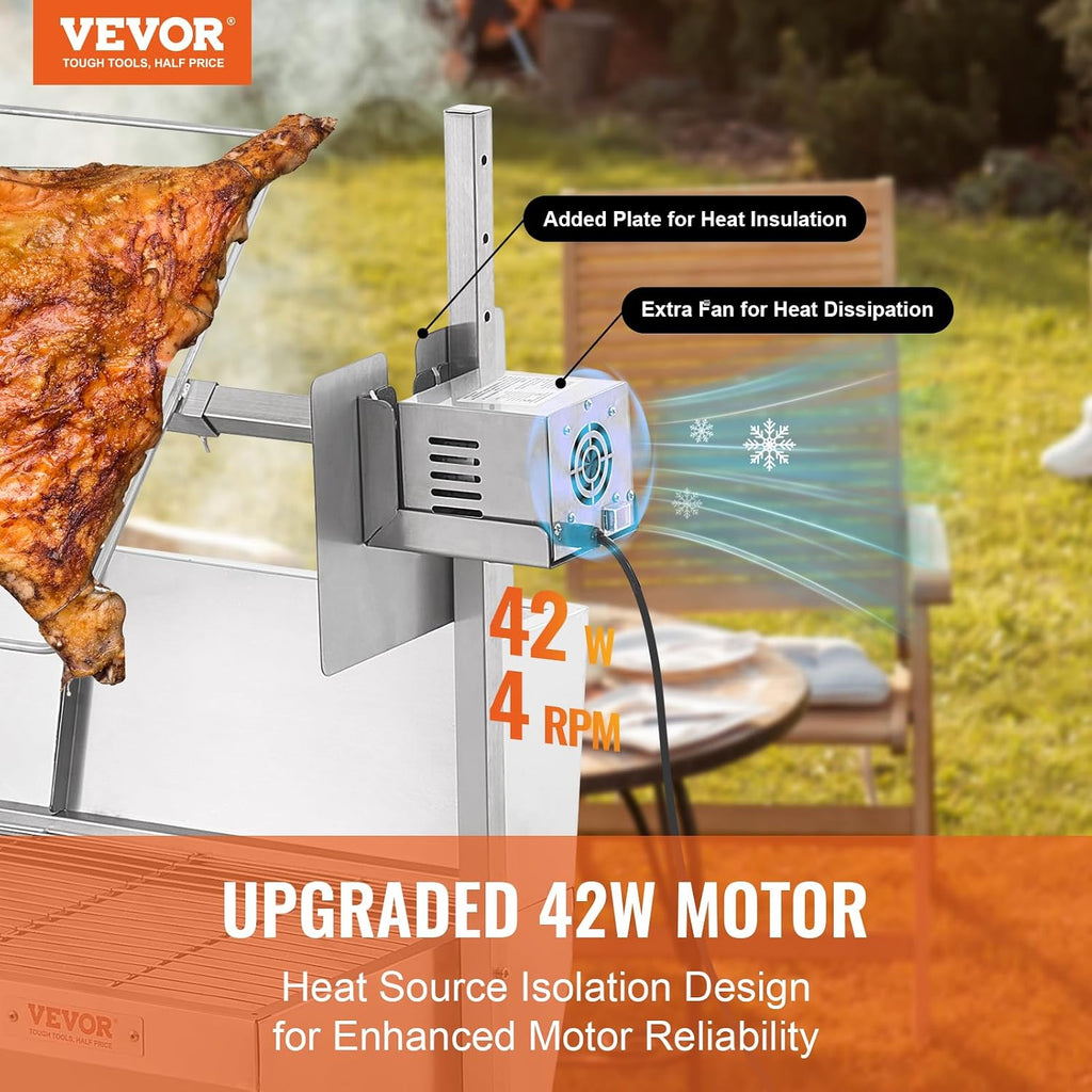 VEVOR Rotisserie Grill with Windscreen, BBQ Whole Pig Lamb Goat Charcoal Spit Grill, 35 Inch 90 Lbs Capacity, Electric 42W Motor Stainless Steel Roaster with Lockable Wheels, for Camping Outdoor