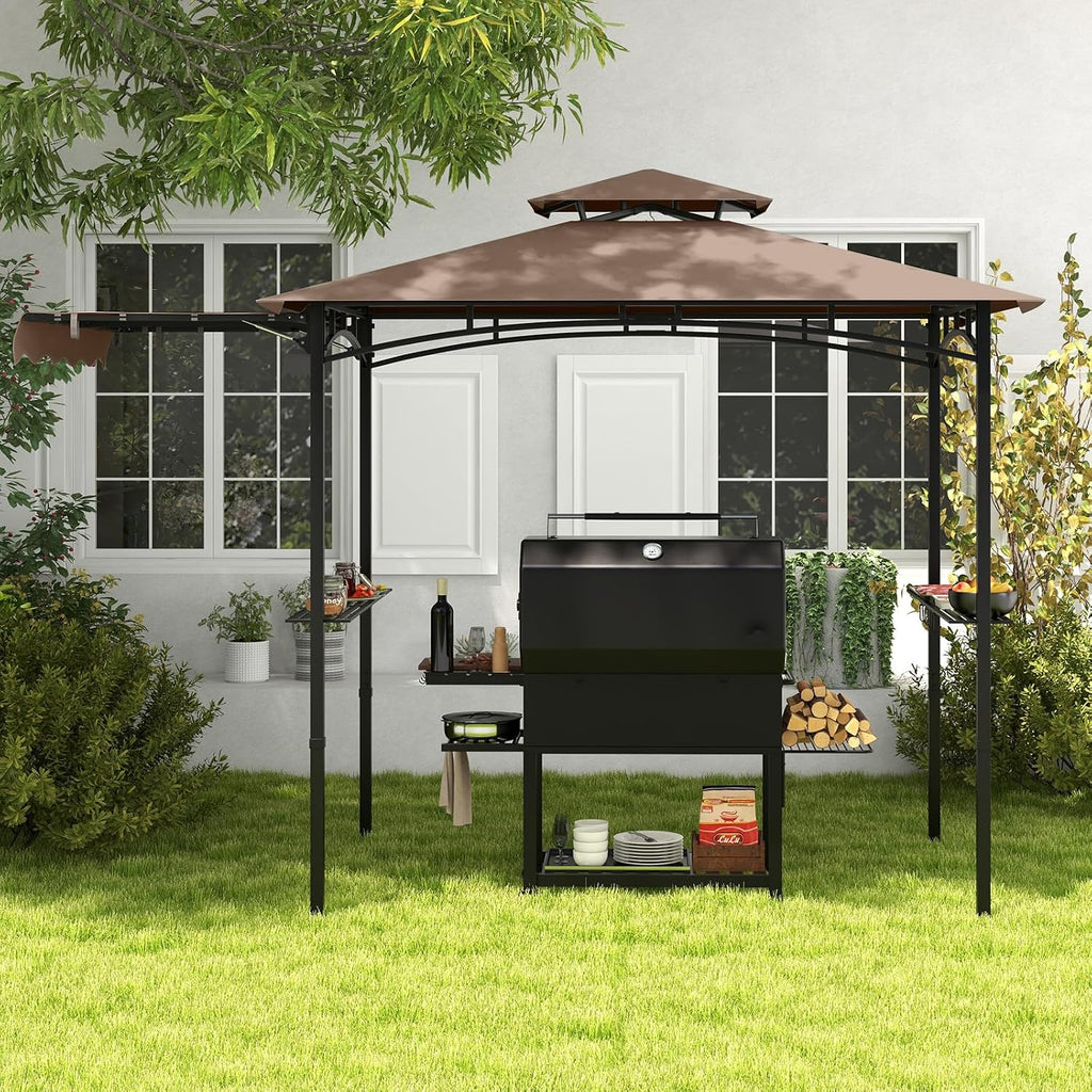 Tangkula 11x5 FT Grill Gazebo with Side Awning, 2-Tier Barbecue Gazebo with 2 Shelves, 12 Hanging Hooks, Bottle Opener, Outdoor Grill Canopy for Backyard Garden Poolside (Brown)