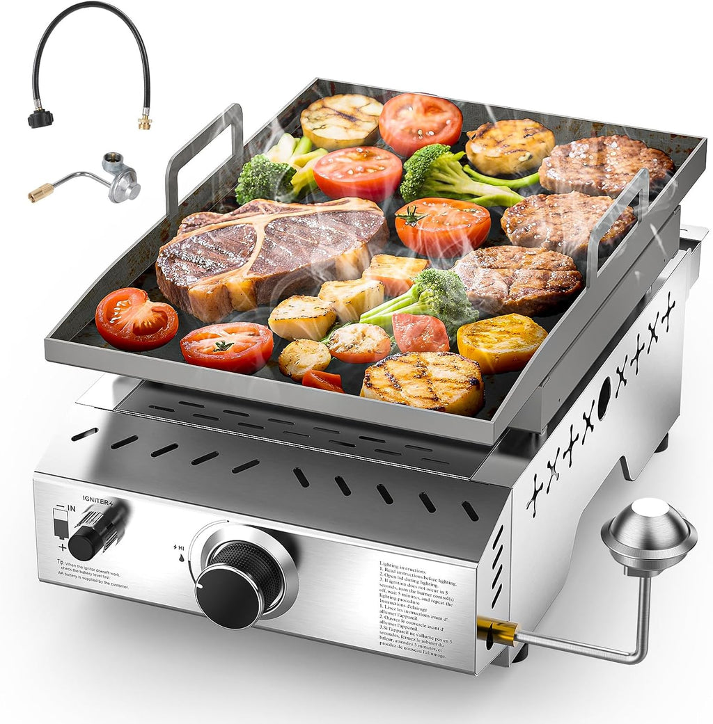 Electactic Stainless Steel Tabletop Grill,18 Inch Portable Propane Grill Griddle with Handle,8000 BTU Flat Top Grill for Camping, Outdoor & Tailgating Barbecue
