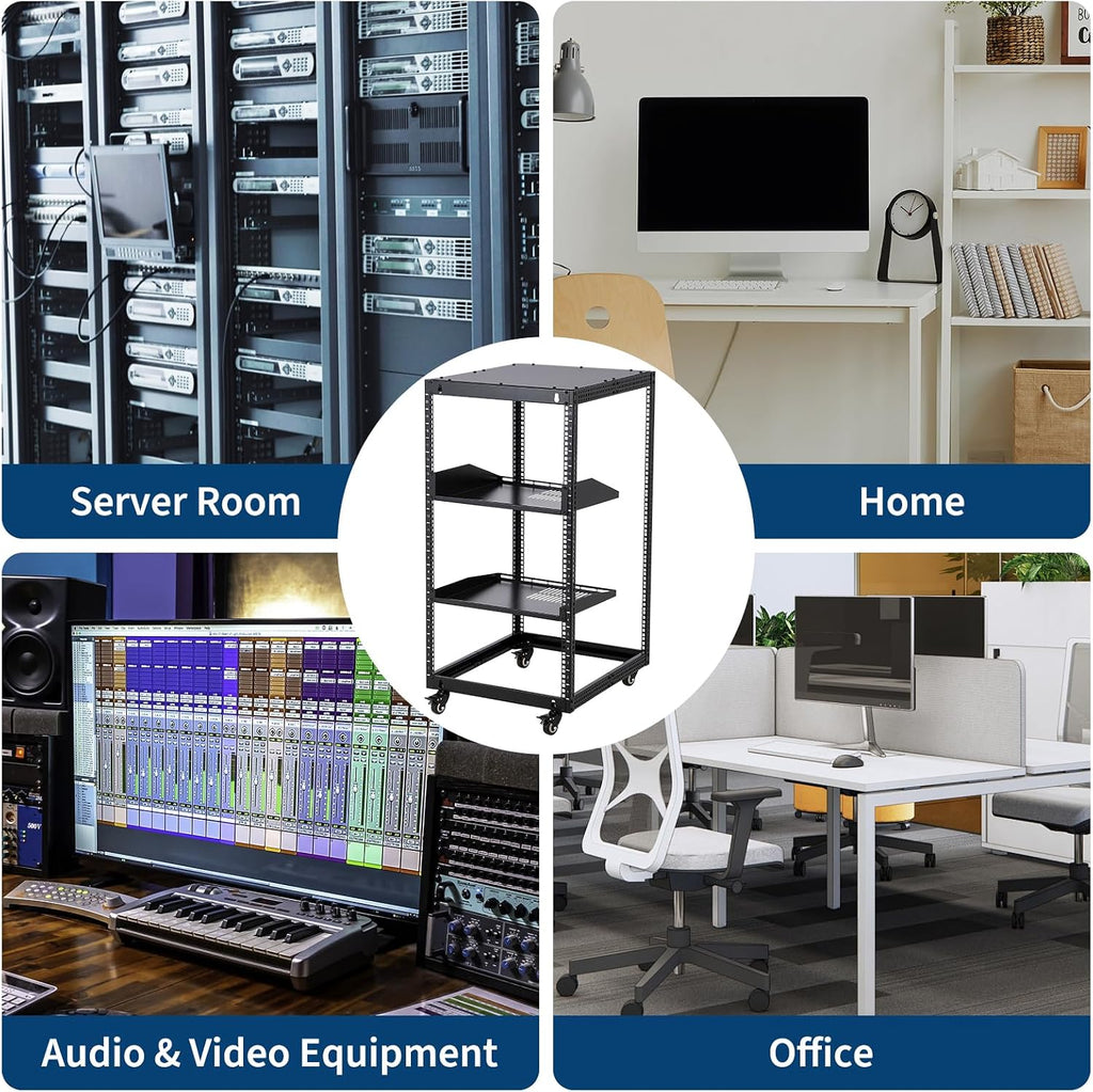 20U Server Rack Open Frame, Adjustable Depth 23'-40', Wall Mount & Free Standing IT Rack with Lockable Casters, 1U Shelf Included 500lbs Capacity for Network/AV Equipment