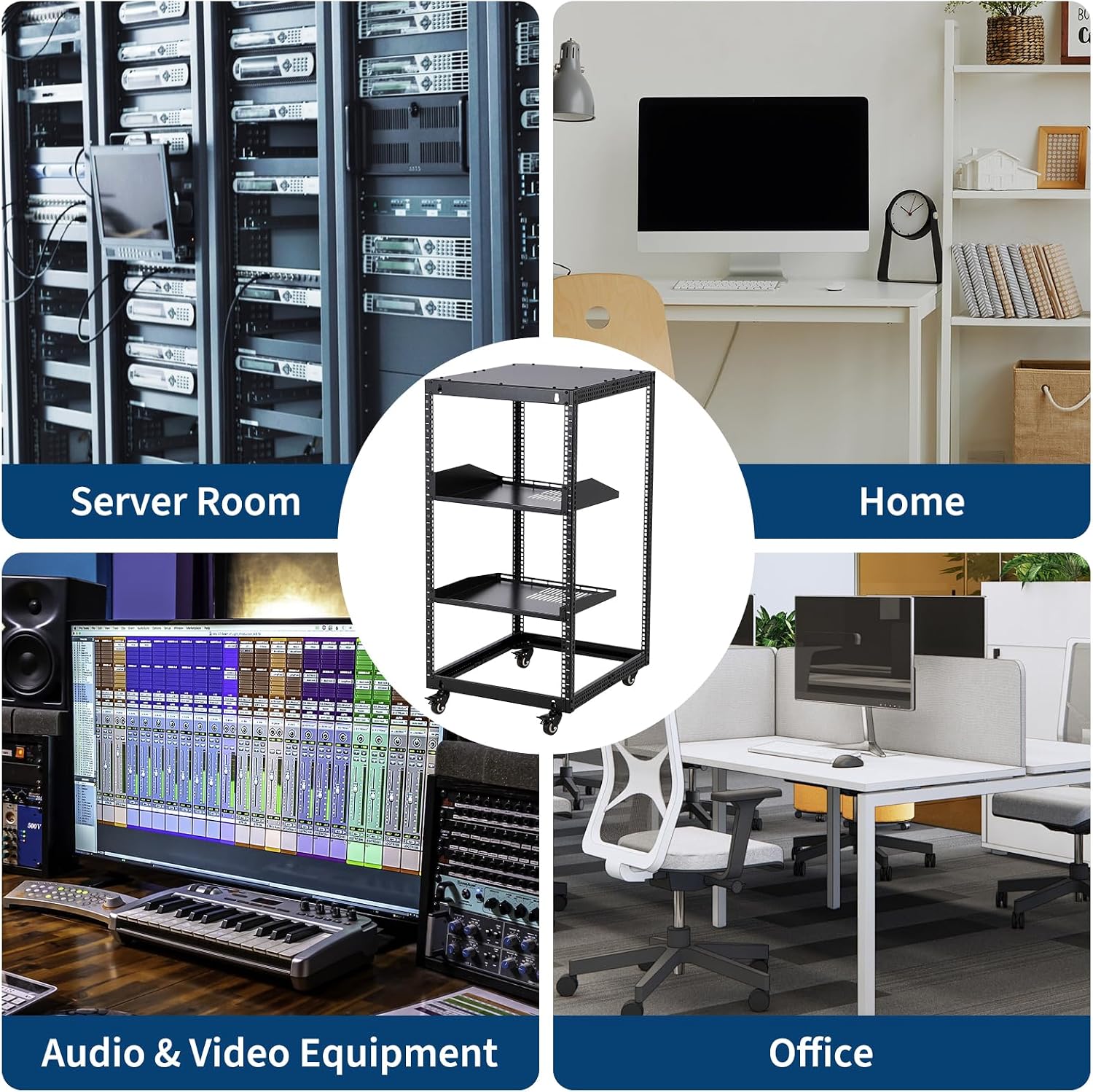 20U Server Rack Open Frame, Adjustable Depth 23'-40', Wall Mount & Free Standing IT Rack with Lockable Casters, 1U Shelf Included 500lbs Capacity for Network/AV Equipment