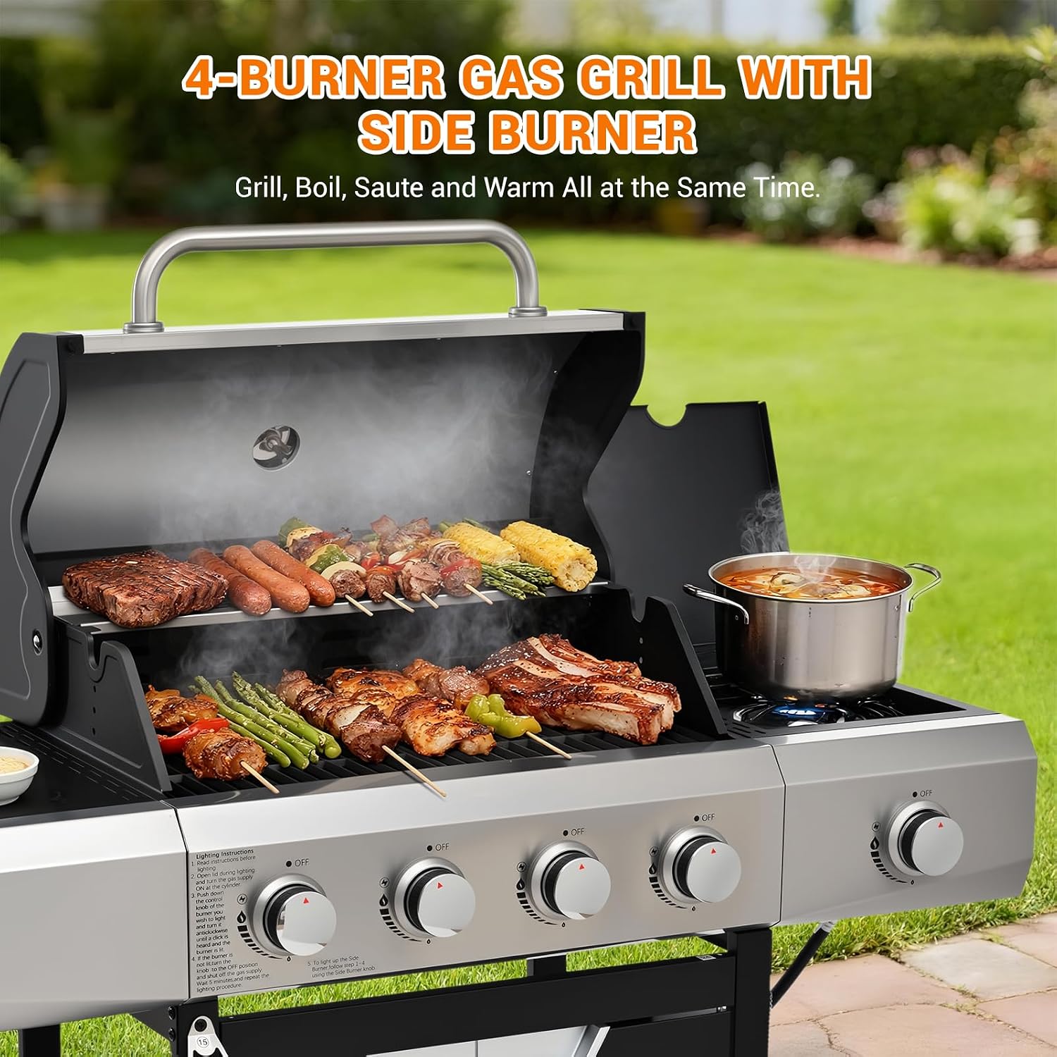 EUHOME Upgraded 51,000 BTU Stainless Steel Burner Barbecue Grill, 4 Burner BBQ Propane Gas Grill with Side Burner, 452 sq. in Cooking Area with Porcelain for Patio, Camping, Outdoor Cooking