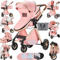 MoLi 2 in 1 Baby Bassinet Stroller, Convertible Foldable Standard Stroller, Reversible Pushchair Infant Buggy Carriage, Portable High Landscape Pram for Toddler Newborn, Aluminum Alloy (2USV9-PINK)