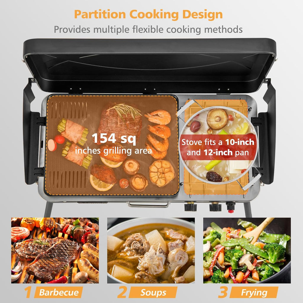 Giantex Portable Propane Grill & Camping Stove, 20,000 BTU Gas Camping Grill Burner, Independent Temperature Control, 3-Sided Wind Guard, Detachable Legs, for BBQ, Tailgating, Outdoor Cooking (Black)