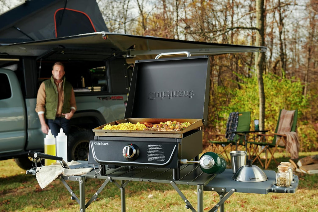 Cuisinart 17' Tabletop Gas Griddle with Hood, Easy Assembly Compact Outdoor Flat-Top Grill with Grease Cup, 255 Sq. In Cooking Space Perfect for Camping, Tailgates and BBQs