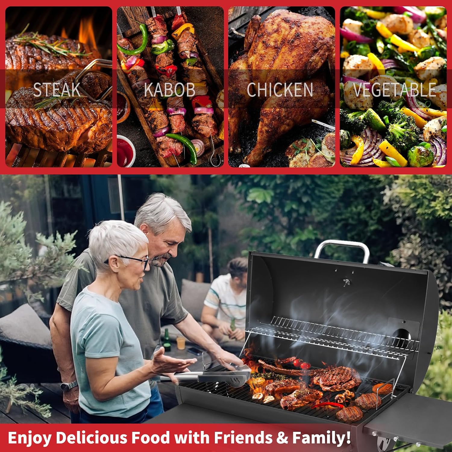 Kendane Barrel Charcoal Grill, Large Charcoal Grills with Front and Side Shelf, 627 Square Inches Cooking Grid, Outdoor BBQ Grill, Perfect for Backyard Camping, Patio Parties, and Picnics