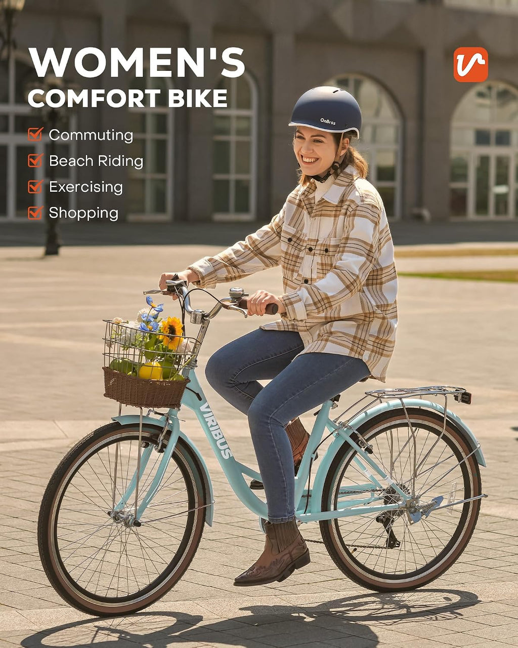 VIRIBUS Womens Cruiser Bike, 7 Speed Beach Cruiser Bike for Women, 26 inch Women Bicycle with Rattan Basket, City Commuter Vintage Retro Step Through Bicycle for Female Ladies Seniors, 330 Lb.