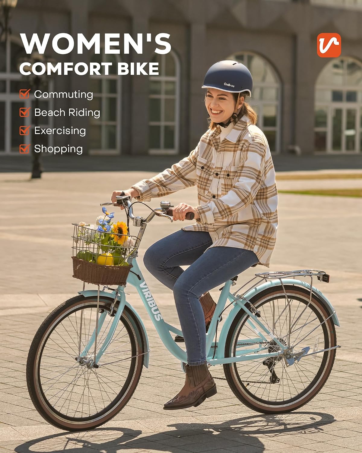 VIRIBUS Womens Cruiser Bike, 7 Speed Beach Cruiser Bike for Women, 26 inch Women Bicycle with Rattan Basket, City Commuter Vintage Retro Step Through Bicycle for Female Ladies Seniors, 330 Lb.
