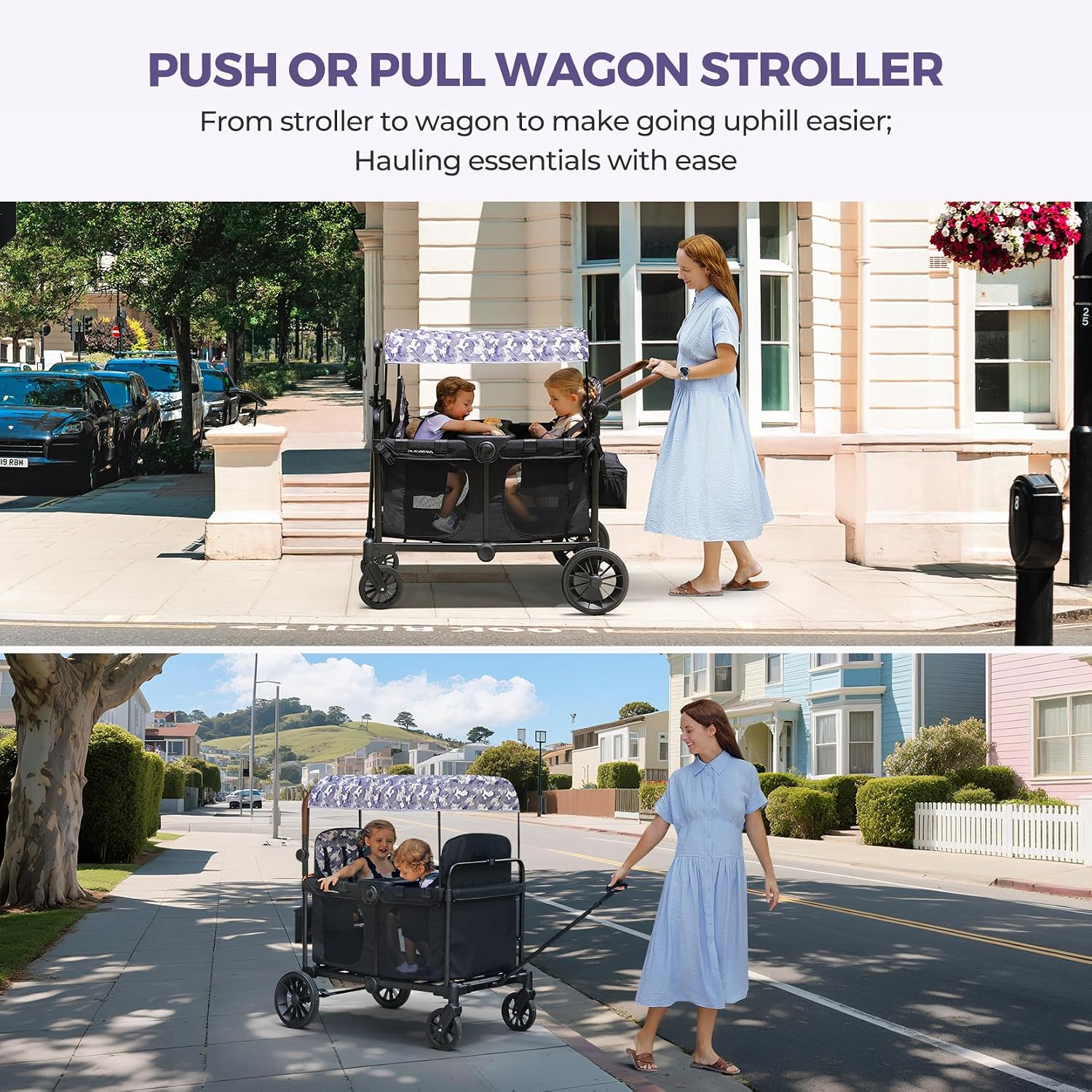 ELEMARA Wagon Stroller 4 Seater, Premium Stroller Wagon for 4 Kids, Foldable All-Terrain Wagon for Kids with Canopy, Adjustable Push/Pull Handles,Convertible High Seat&Organizer, Black+Purple