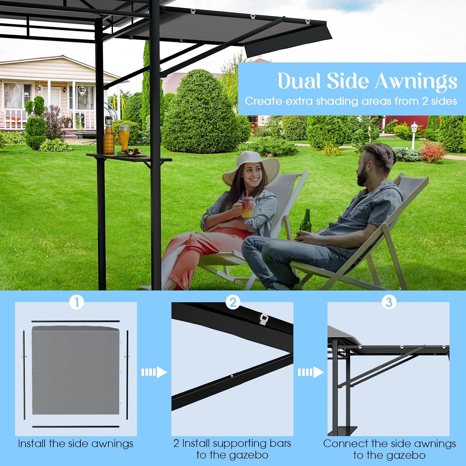 Tangkula 13.5x4 Ft Grill Shelter With Dual Side Awnings, Double Tiered BBQ With Shelves, Heavy-Duty Steel Frame, CPAI-84 Fire-Resistant Patio & Garden Gazebo