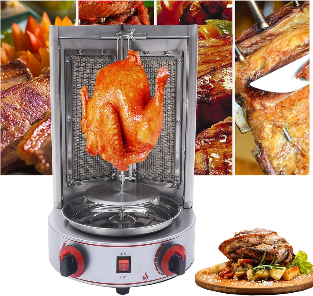 Commercial Rotating Gas Doner Kebab Grill, 3000W 110V Heavy Duty Stainless Steel LPG Grill Spinning Broiler Machine with 2 Burners & Independent Temperature Control Knob for Roast Meat, Roast Duck