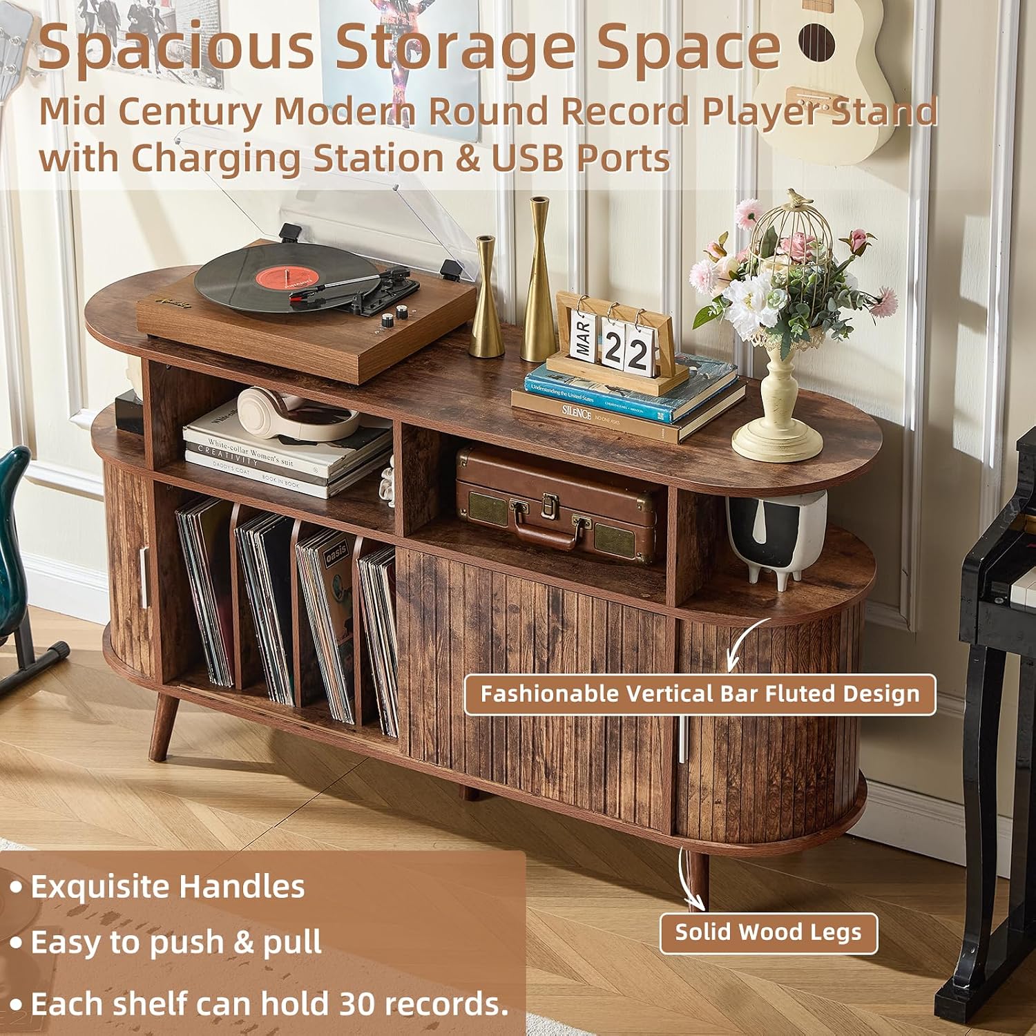 LELELINKY Extra Large Round Record Player Stand with Charging Station & Fluted Panel, Mid Century Modern Turntable Cabinet with Vinyl Storage, Arched Wood Record Player Table for Living Room,Brown