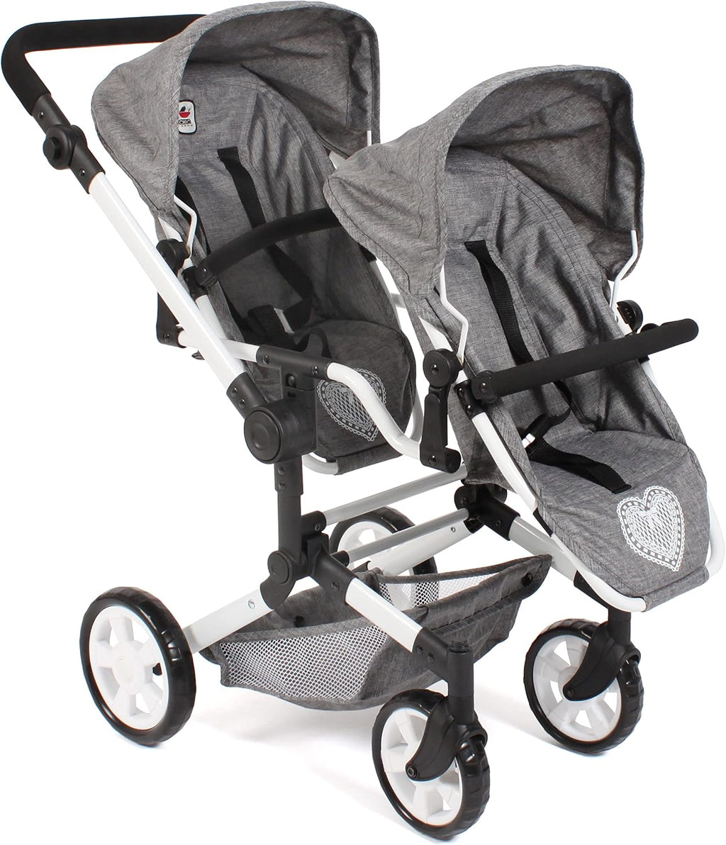 Bayer Chic 2000 - Linus Duo Doll's Pram, Twin Doll's Pram for Children from 4 to 8 Years, Jeans Grey, 690-76, 82 x 41.5 x 79 cm