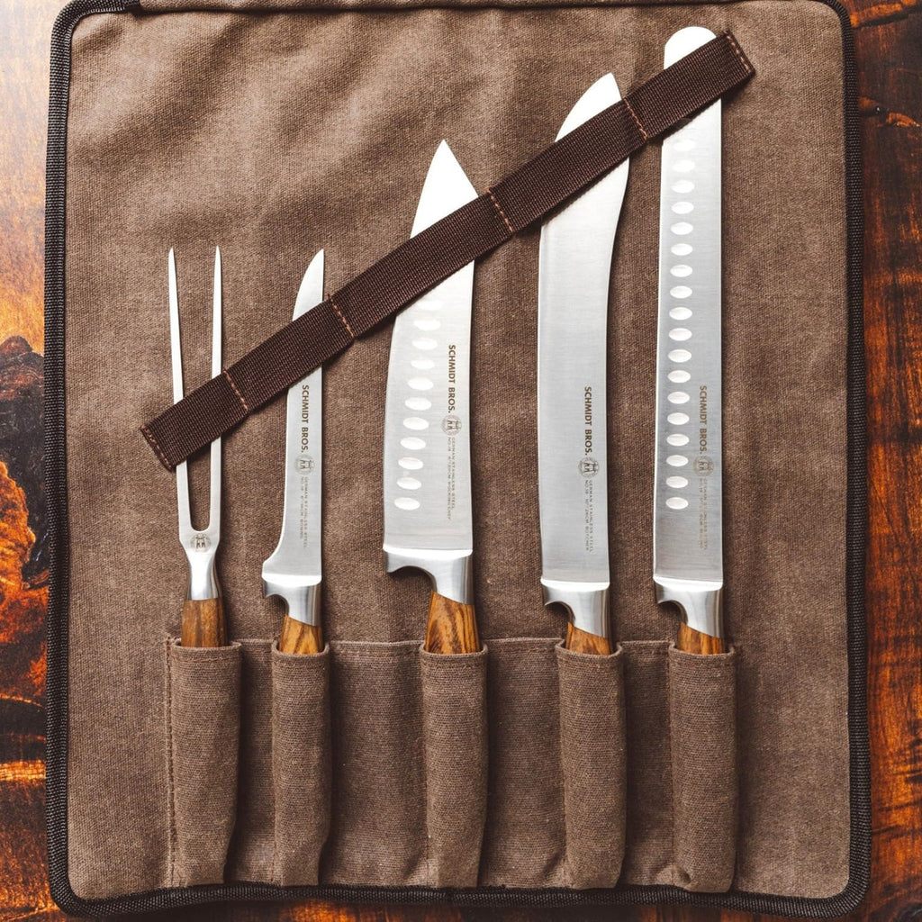Zebra Wood 6-Piece BBQ Knife Set - Fully Forged Stainless Steel Grilling Utensils Including Brisket, Butcher, Chef's, Boning Knives, Carving Fork, Knife Carrying Roll
