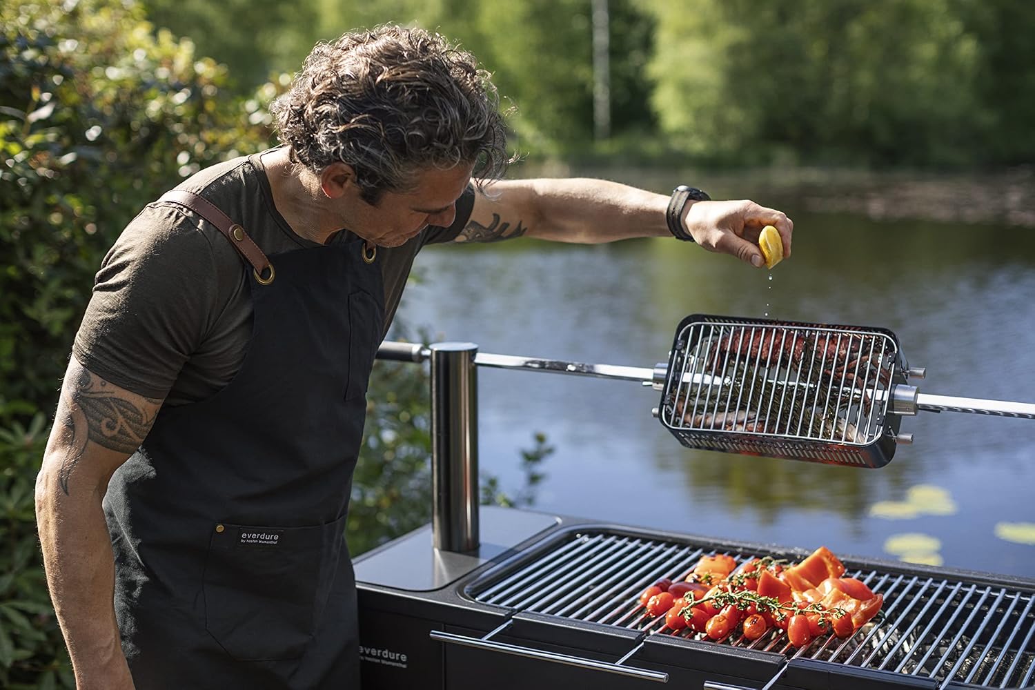Everdure HUB II 54-Inch Charcoal Grill with Patented Built-in Rotisserie System & Quick Electric Ignition, Outdoor BBQ Grill, Electric Starter, Adjustable Height, Easy Clean-Up