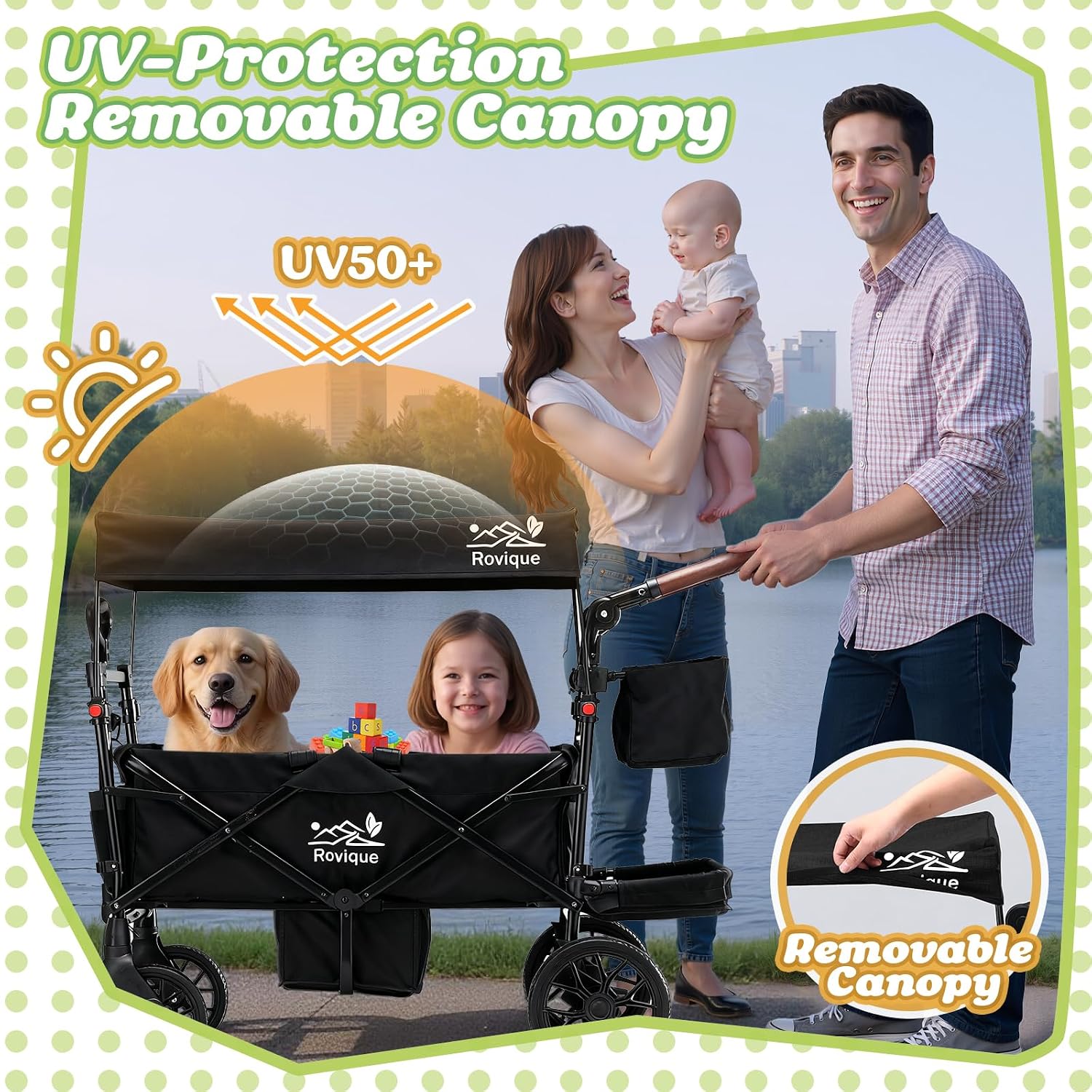 Wagon Stroller for 2 Kids, Premium Stroller Wagon for Kids with Removable Canopy, Safety Harness, Adjustable Handlebar & Storage Organizer, All-Terrain Foldable Baby Wagon for Outdoors