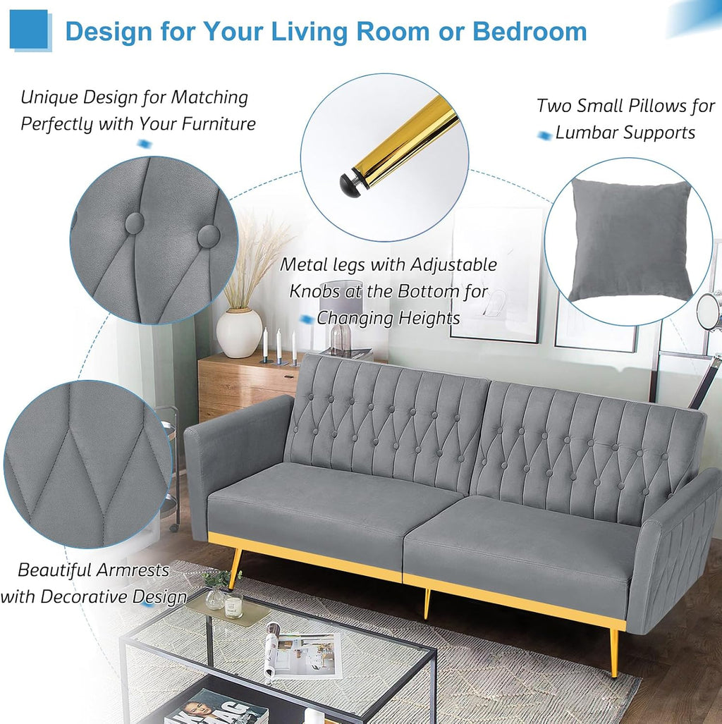70' Velvet Futon Sofa Bed with 2 Pillows and Adjustable Armrests, Convertible Sleeper Bed W/Adjustable Backrests, Modern Loveseat for Living Room, Bedroom, Light Grey