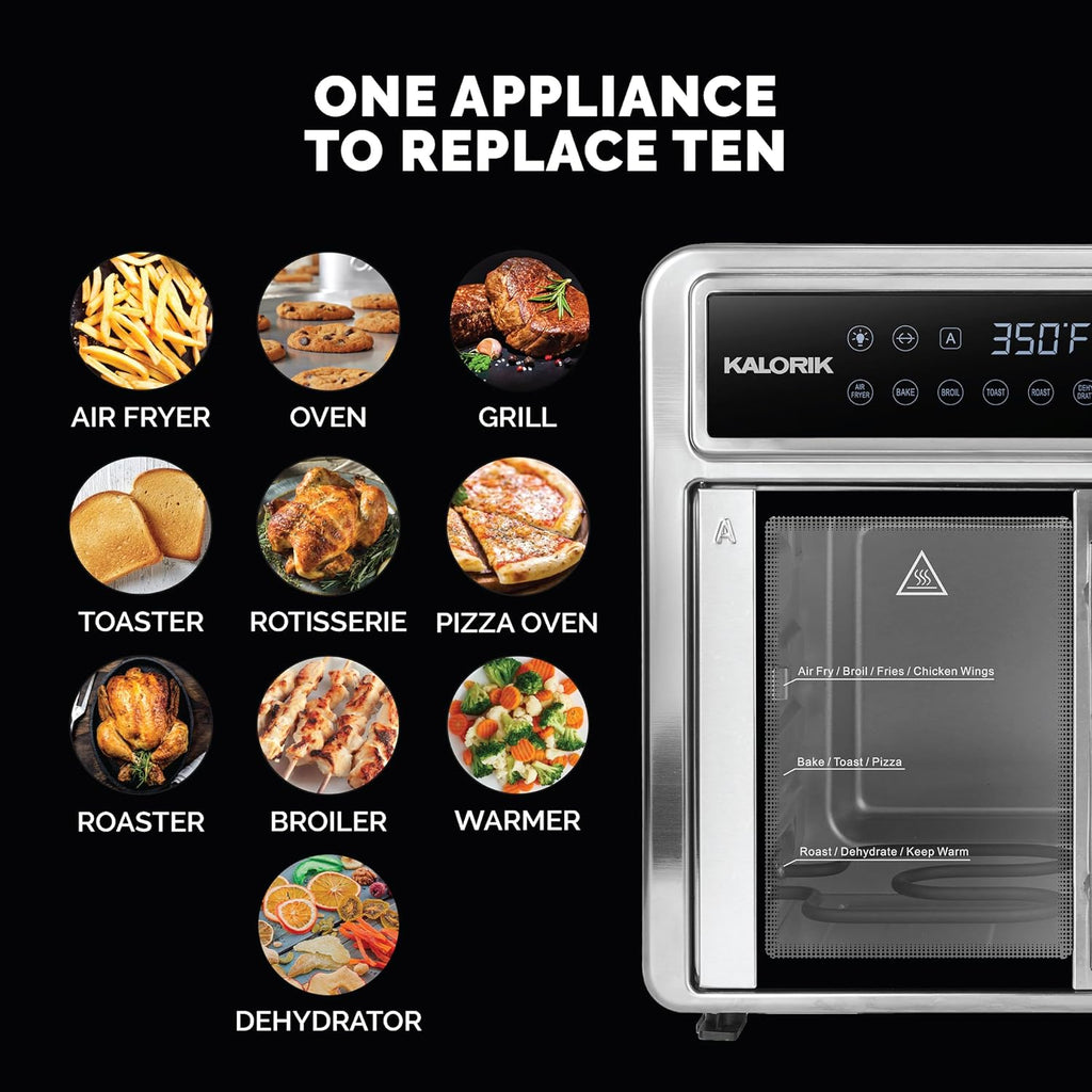 Kalorik Air Fryer Oven MAXX Series 26-Quart Flex Trio with Digital Controls Easy-View Door and 14 Cooking Presets, Converts into Dual 13 Quart Air Fryers, 1700-Watts, Stainless Steel