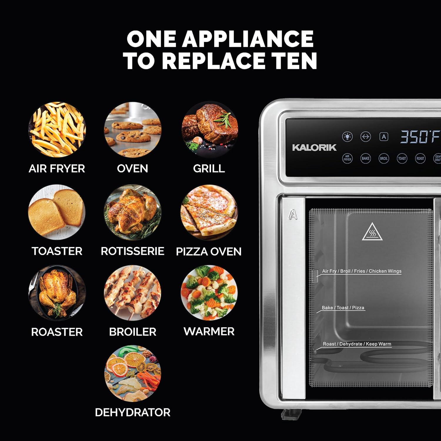 Kalorik Air Fryer Oven MAXX Series 26-Quart Flex Trio with Digital Controls Easy-View Door and 14 Cooking Presets, Converts into Dual 13 Quart Air Fryers, 1700-Watts, Stainless Steel