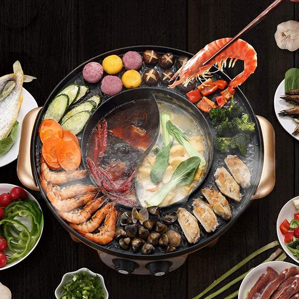 Korean BBQ Grill Electric Hot Pot Mandarin Duck Hot Pot Dual Temperature Dual Control Adjustable Hot Pot Barbecue Integrated Pot Smokeless,Black (Color : Black)