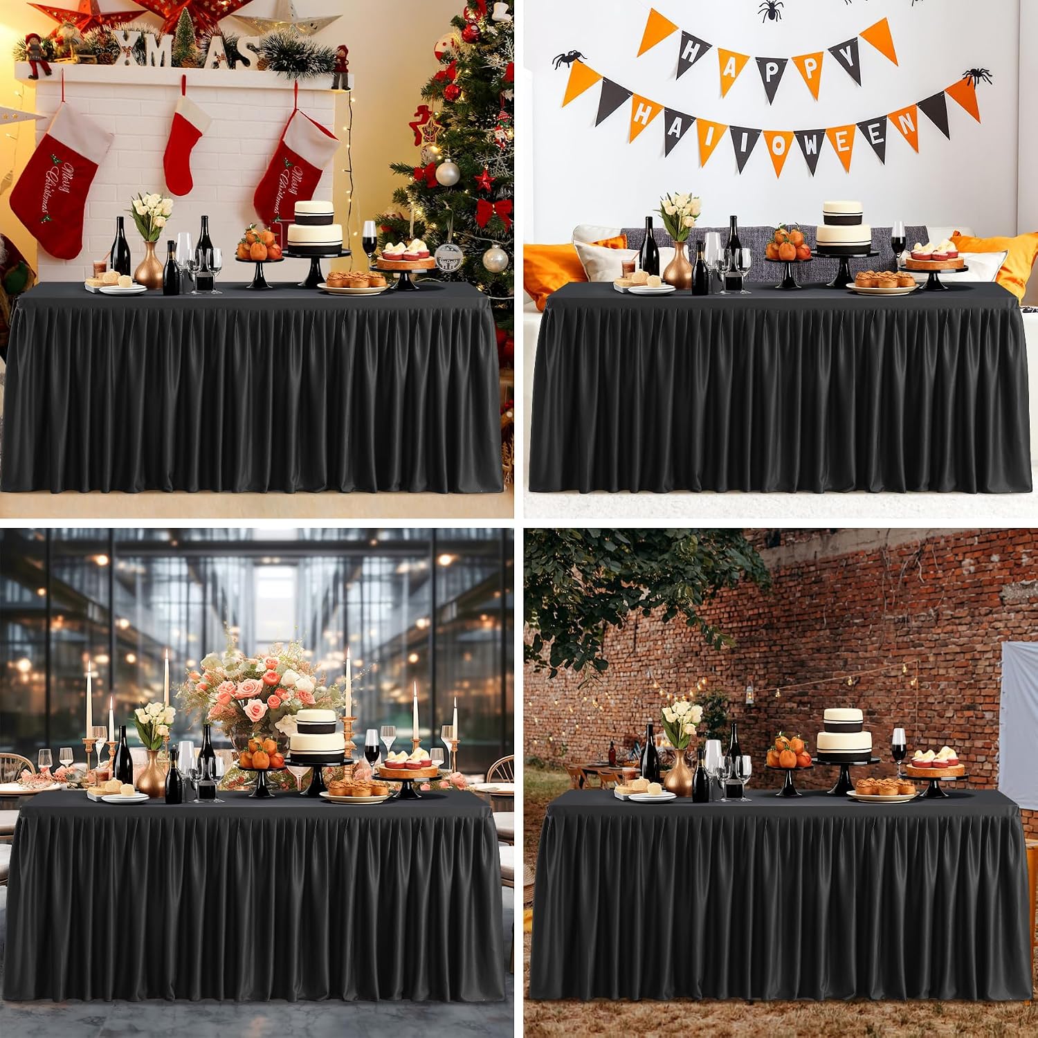 PARTISKY 6 Pack Black Tablecloths for Rectangle Tables 8ft, Wrinkle Resistant Black Table Cover Fitted Stretch Table Cloth with Pleated Ruffle Skirts for Party Banquet Dining Birthday Wedding