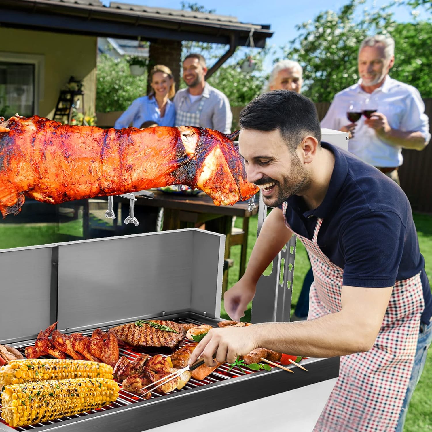 Stainless Steel Rotisserie Grill with Back Cover Guard, 25W Motor Small Pig Lamb Roaster, 37'' 2 in 1 BBQ Charcoal Rotisserie Grill for Camping Outdoor Kitchen