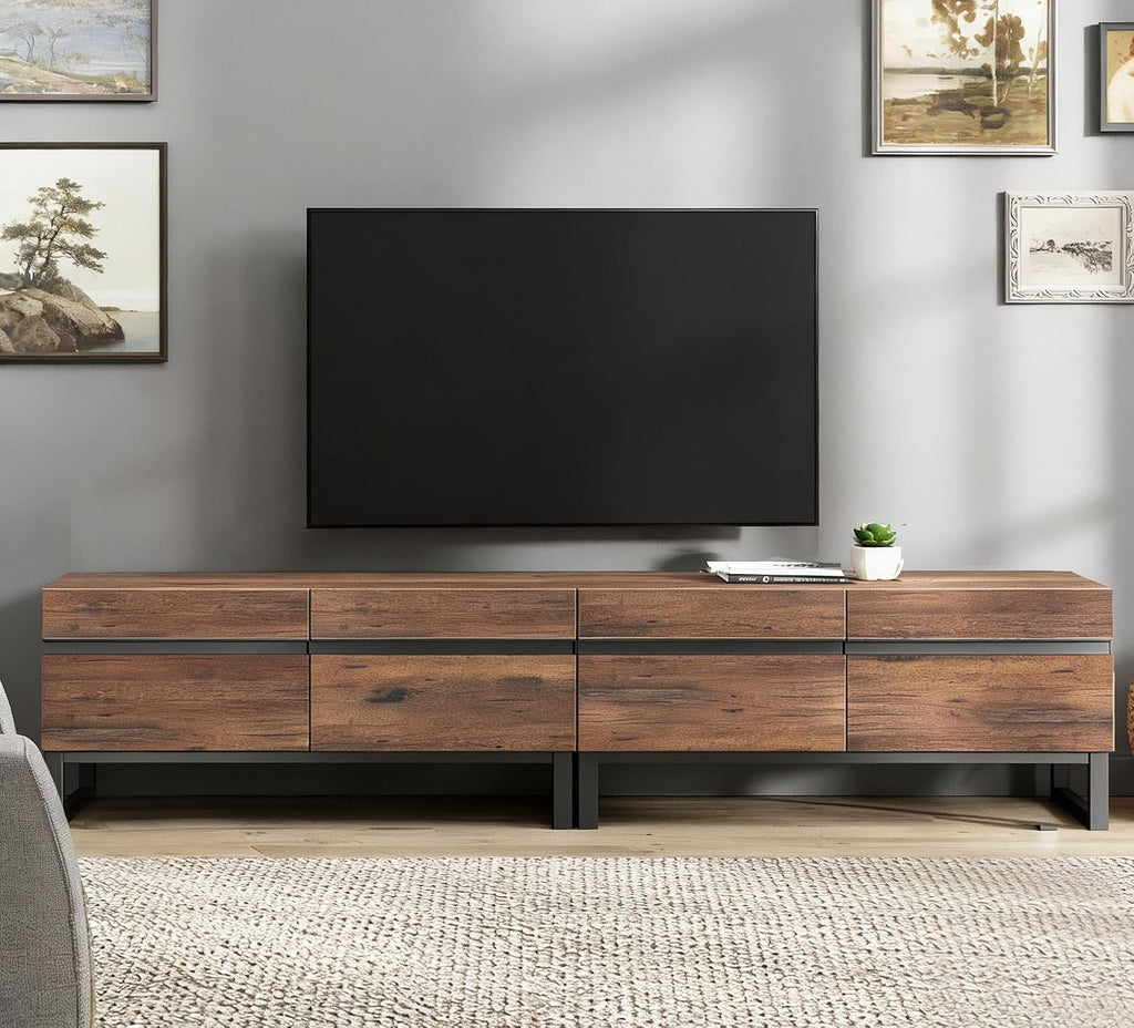 WAMPAT Modern TV Stand for 50-75 Inch TVs, Wood Entertainment Center with Metal Base Storage Cabinets, Media TV Console for Living Room, Brown, 2Pcs