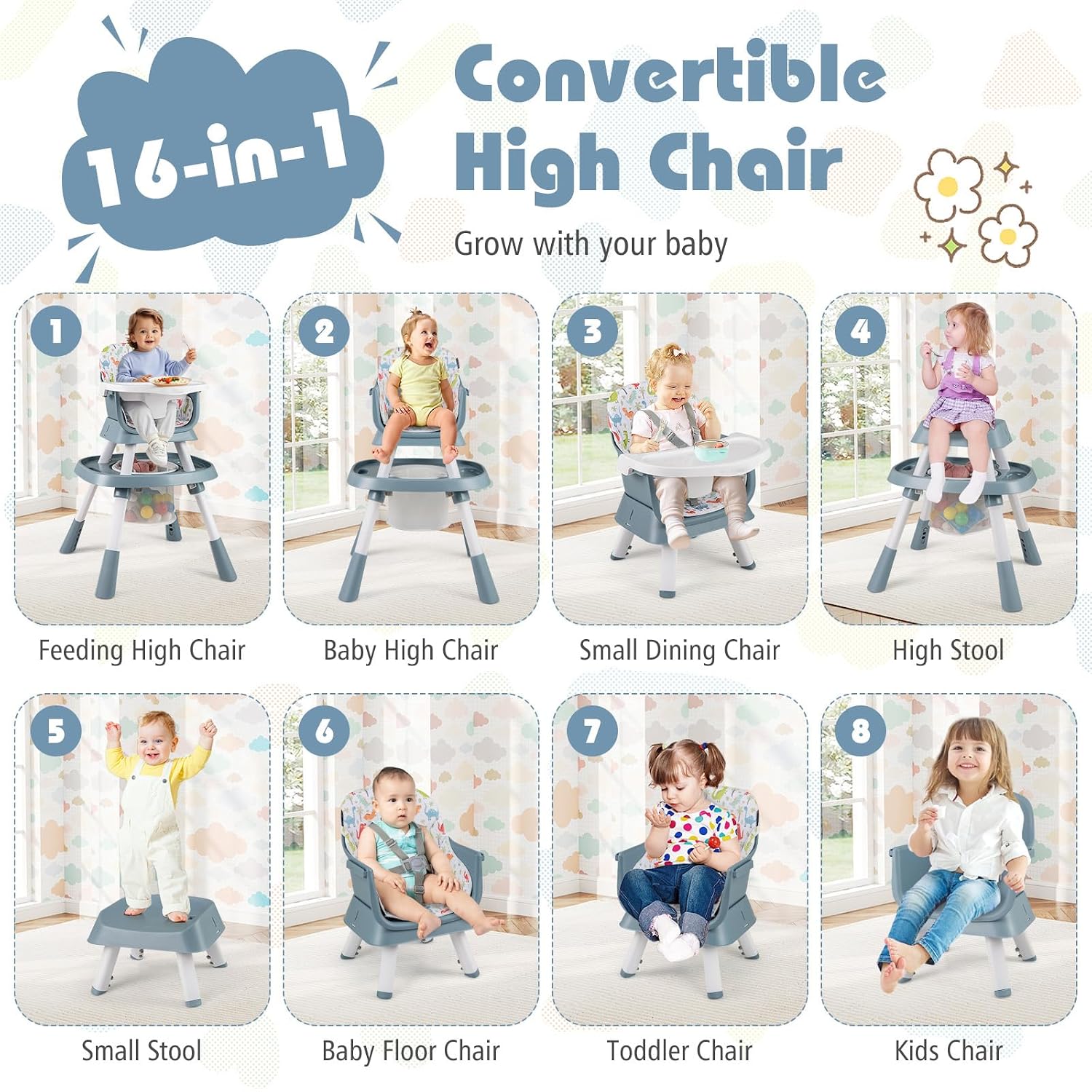 KOTEK 16 in 1 Convertible High Chair, Baby Highchair & Activity Center, Booster Seat, Building Block Table, Toddler Chair with 5-Point Harness, Removable Tray & Cushion (Blue)