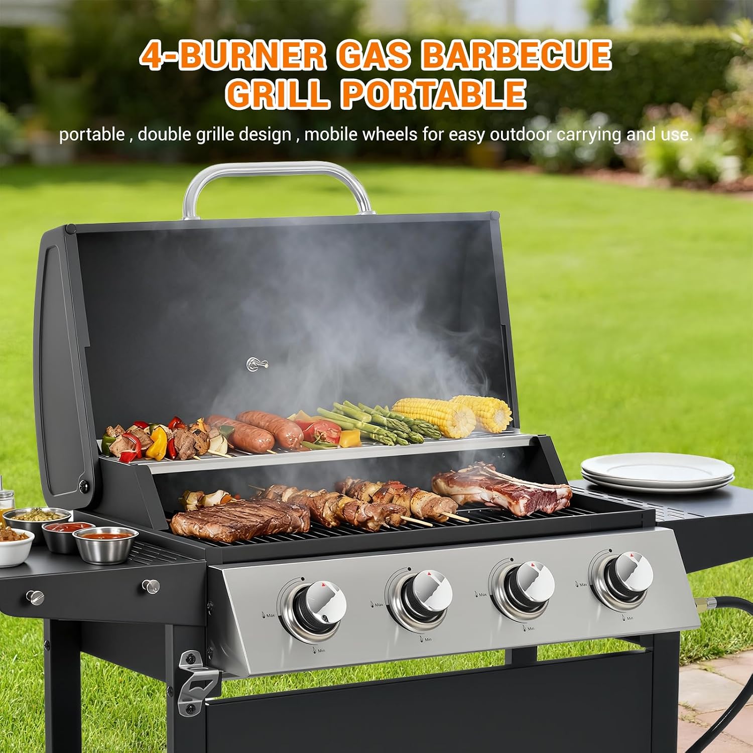 EUHOME 4-Burner Stainless Steel Gas Grill | 34,000 BTU Total Output & 421 sq.in Cooking Area | Powerful Even-Heat System for Large Family BBQs & Backyard Parties