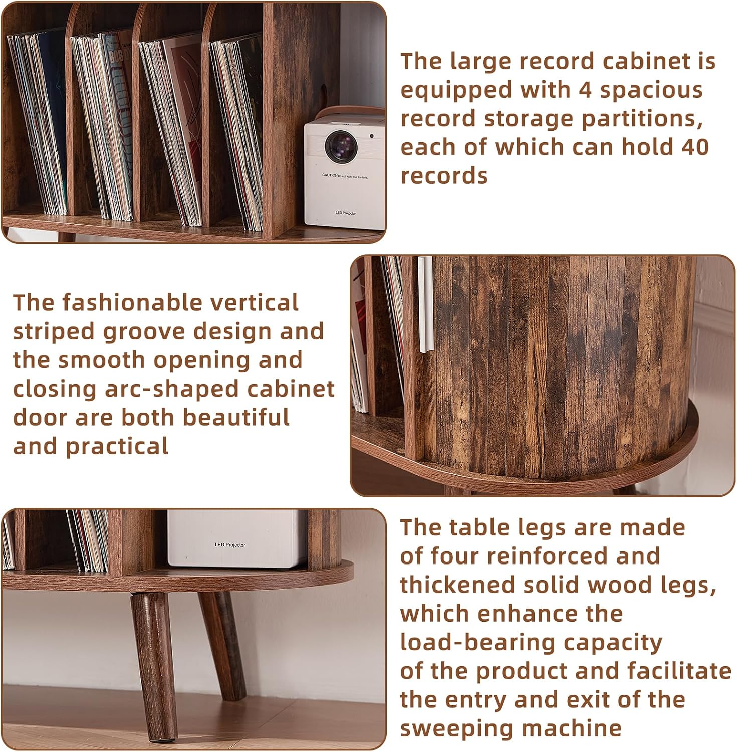 LELELINKY Large Round Record Player Stand with Charging Station & Fluted Panel, Brown Mid Century Modern Turntable Cabinet with Vinyl Storage, Arched Wood Record Player Table for Living Room