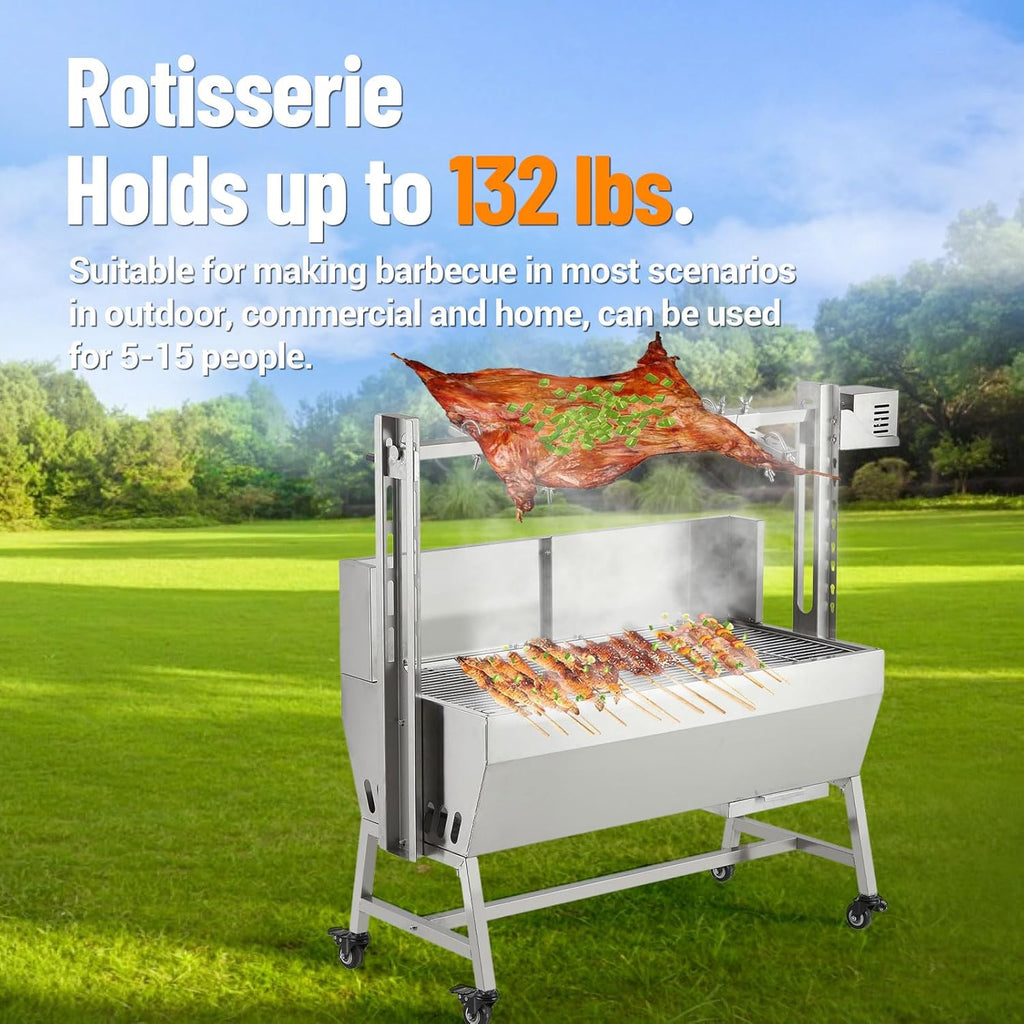 GarveeTech 37in Stainless Steel Electric Rotisserie Grill - 132LB Capacity for Whole Pig & Lamb, Charcoal Spit Roaster with Wind Screen, 50W Motor & Lockable Casters, Outdoor Camping BBQ