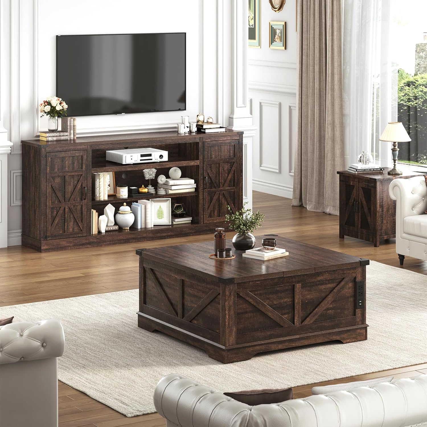 Hlivelood 75' Farmhouse TV Stand with Power Outlets for 85 Inch TVs, 33' Tall Entertainment Center with Storage Cabinets w/Adjustable Shelves, Rustic Large TV Media Console, Brown