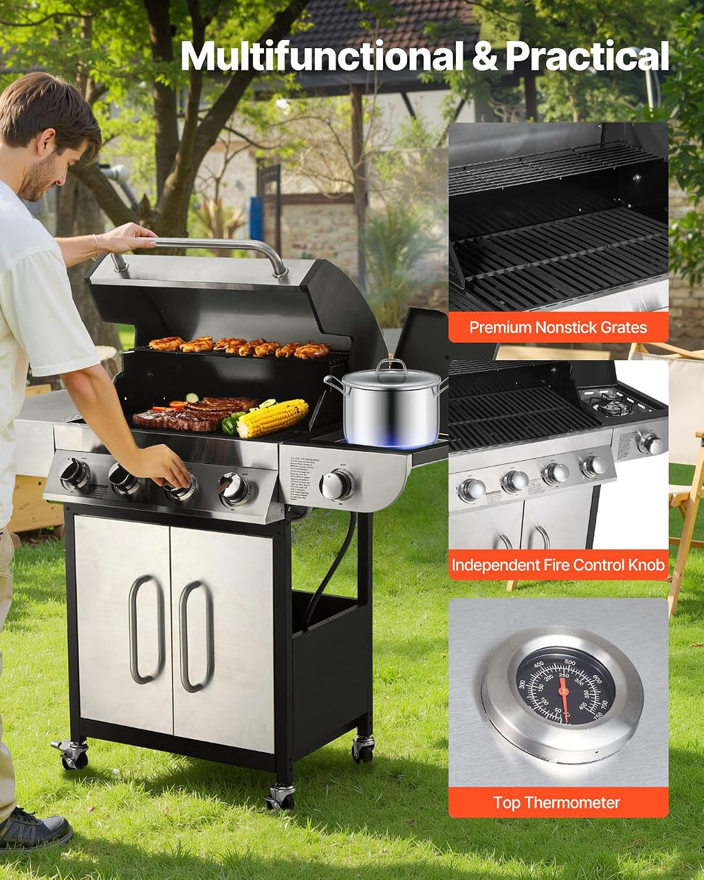 VEVOR Gas Grill, 4 Burner Propane Gas Grill with Side Burner, 425 SQ.In Grilling Area, Carbon Steel Enamel Grates, Outdoor 52,000 BTU Patio Garden BBQ Grills with Two Side Shelves, Stainless Steel