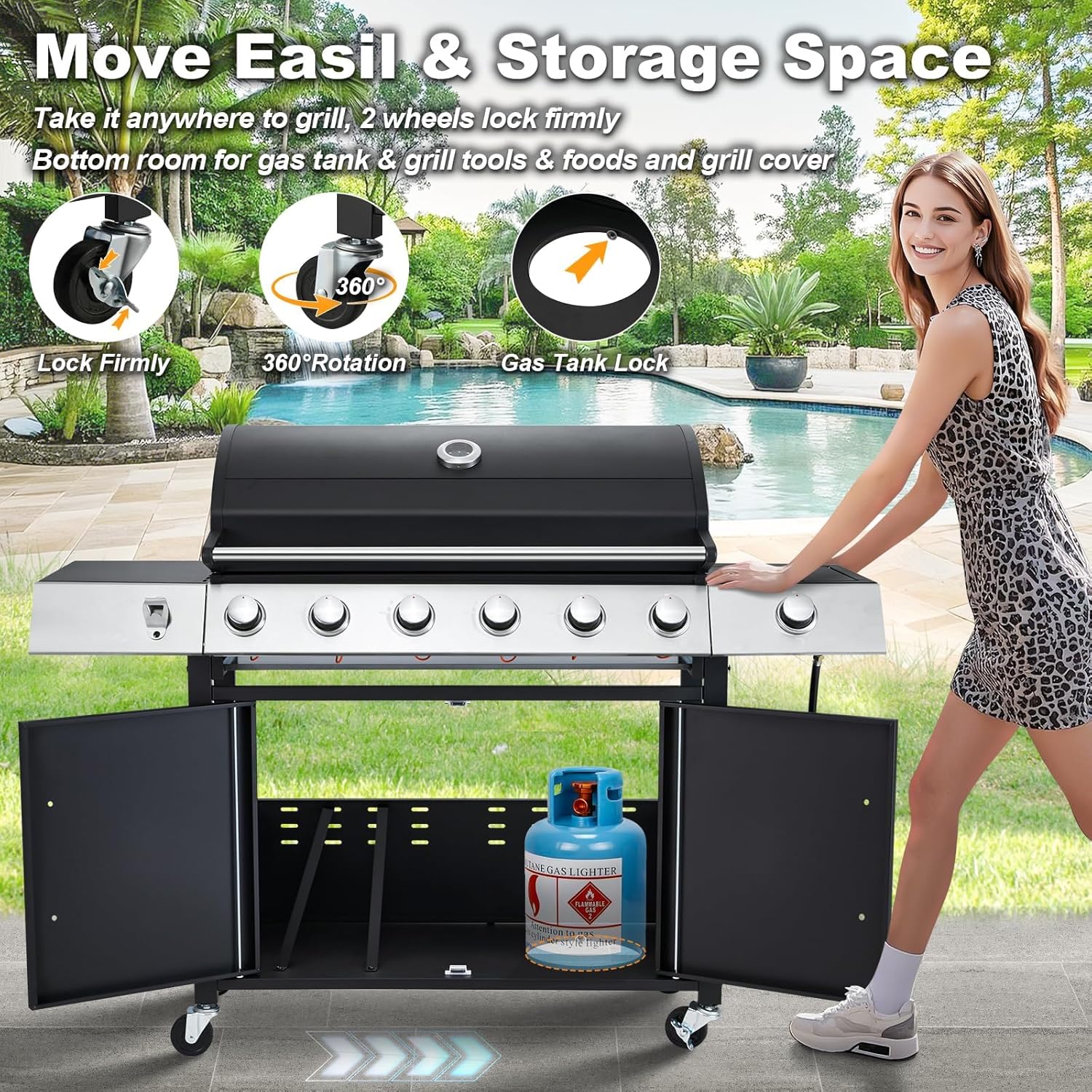 MELLCOM Upgraded 60,000 BTU Stainless Steel Burner Barbecue Grill, 6 Burner BBQ Propane Gas Grill with Side Stove & Cast Iron Grates for Patio, Camping, Outdoor Cooking