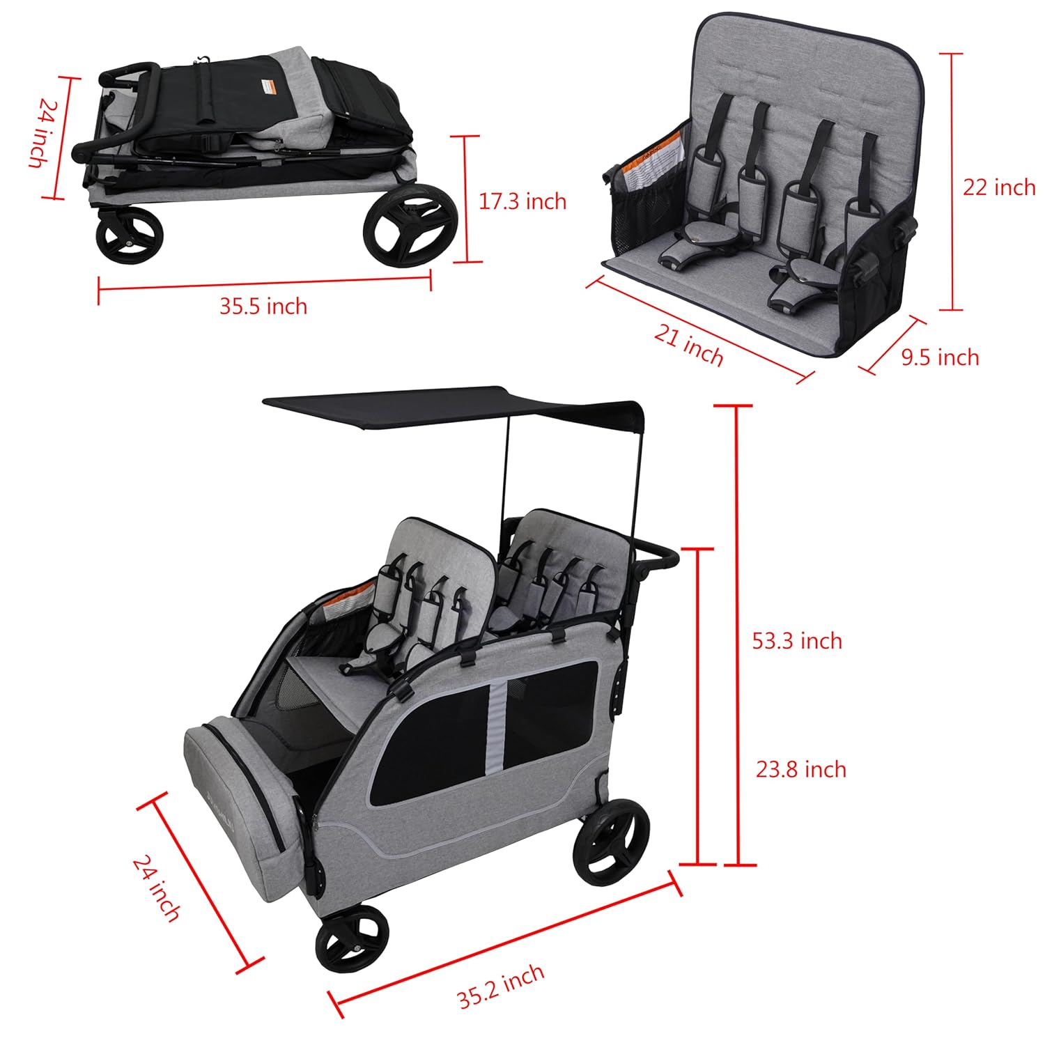 4 Seater Wagon Stroller, Large Quad Wagon for 2 3 4 Kids Baby Toddler Child with Seats, All Terrain, Triple Stroller, Adjustable Push/Pull Handles, Removable Canopy (Green)