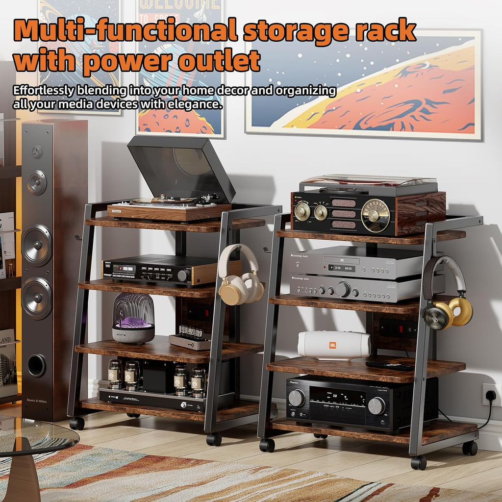 CABTE Mobile AV Media Stand with Outlets and 4 Rolling Caster Wheels, 4-Tier Rolling TV Stand for Gaming Console, Stereo, DVD Player, Sturdy Metal Frame, Versatile Living Room,Bedroom (Retro Brown)