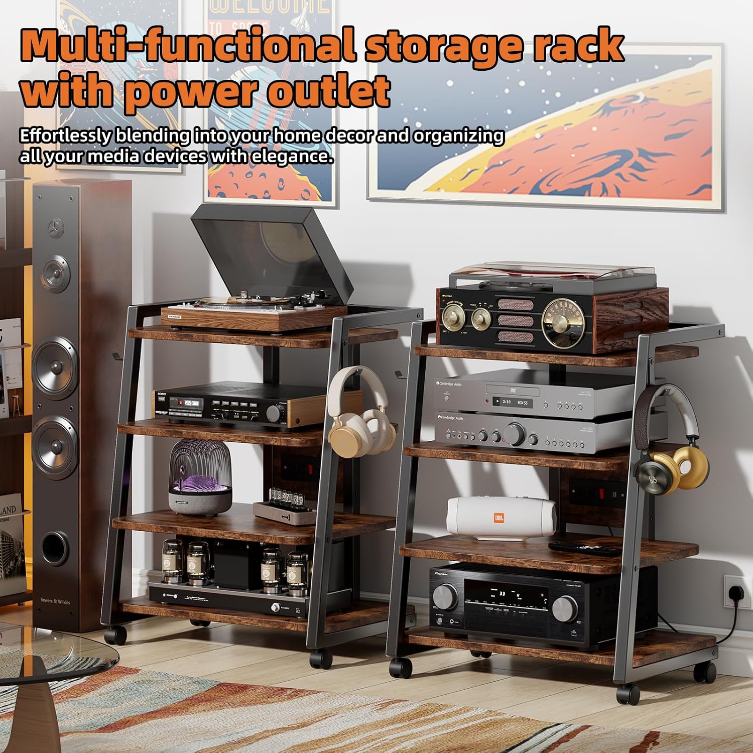 CABTE Mobile AV Media Stand with Outlets and 4 Rolling Caster Wheels, 4-Tier Rolling TV Stand for Gaming Console, Stereo, DVD Player, Sturdy Metal Frame, Versatile Living Room,Bedroom (Retro Brown)