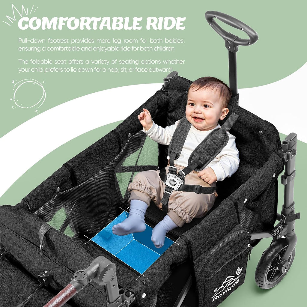 Rovique Stroller Wagon for 2 Kids,Premium Wagon for Kids with Removable Canopy,Snack Tray,All-Terrain PU Wheels & Adjustable Push/Pull Handle (Black)