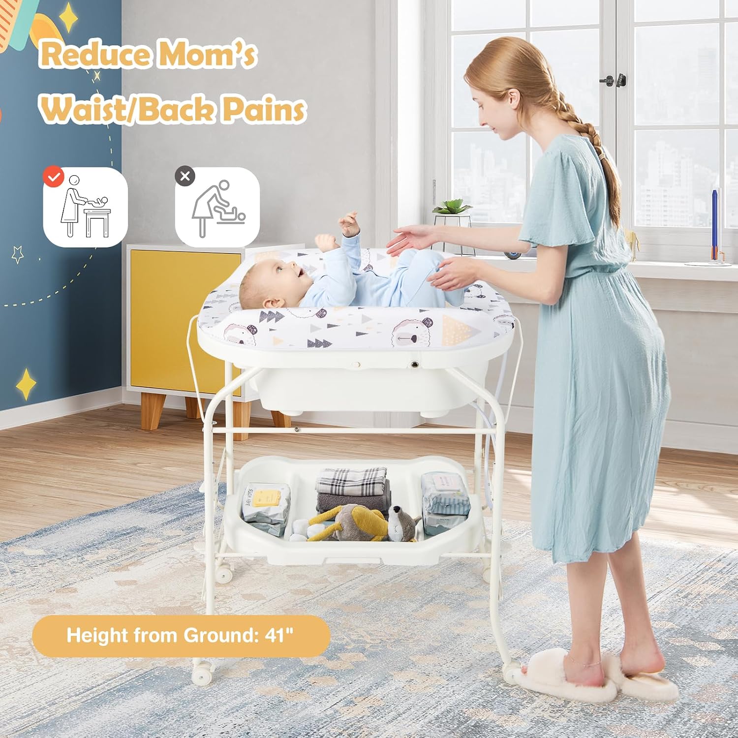 HONEY JOY 2-in-1 Baby Bathtub & Changing Table, Foldable Infant Diaper Changing Station with Wheels, Storage Tray, Waterproof Pad, Portable Newborn Nursery Organizer Bath Stand for Boys Girls (White)