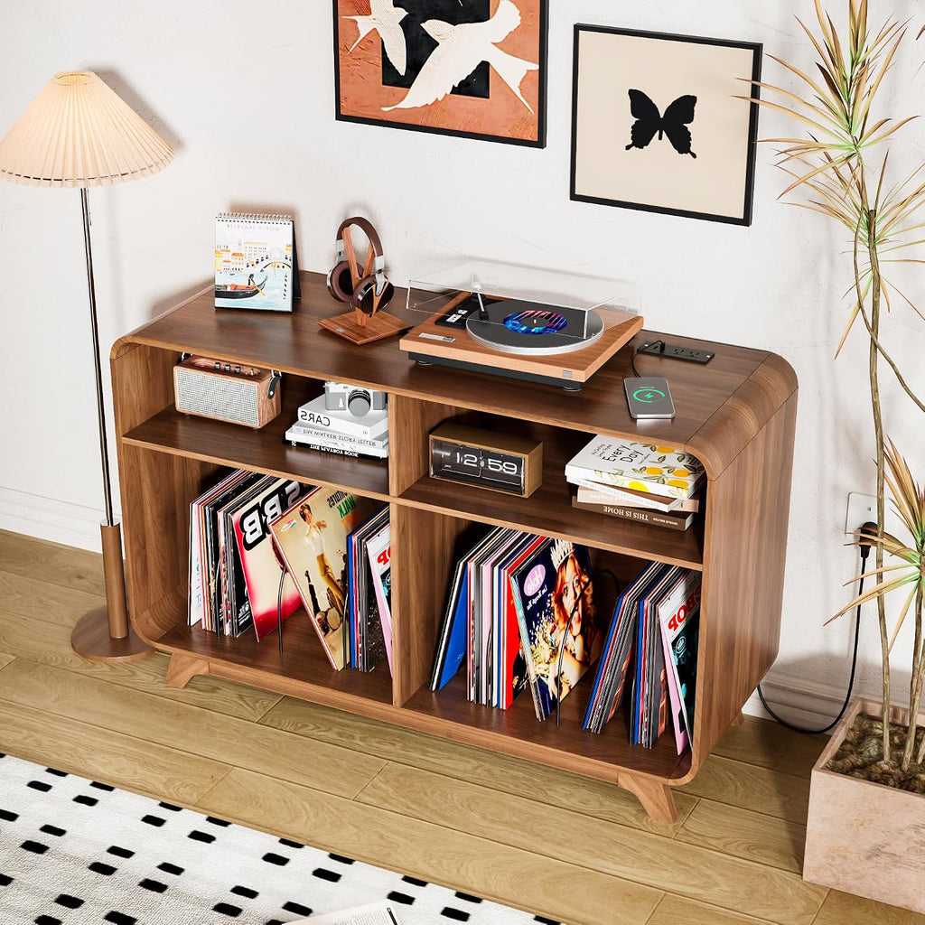 Record Player Stand with Vinyl Storage Cabinet with Charging Station & USB Ports, Turntable Stand Table Holds Up to 350 Albums, Curved Vinyl Record Cabinet for Living Room (Walnut, 42.5-inch)