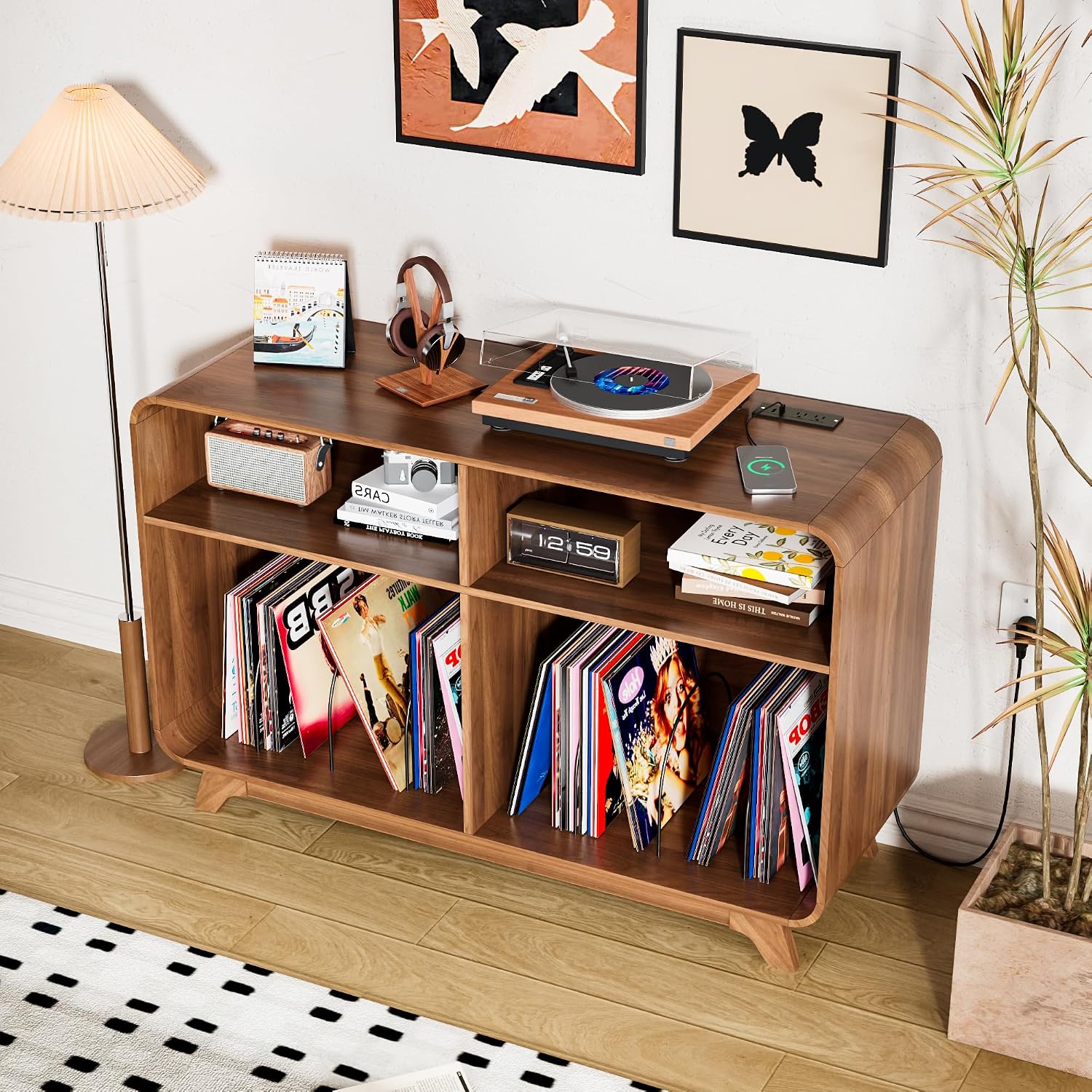 Record Player Stand with Vinyl Storage Cabinet with Charging Station & USB Ports, Turntable Stand Table Holds Up to 350 Albums, Curved Vinyl Record Cabinet for Living Room (Walnut, 42.5-inch)