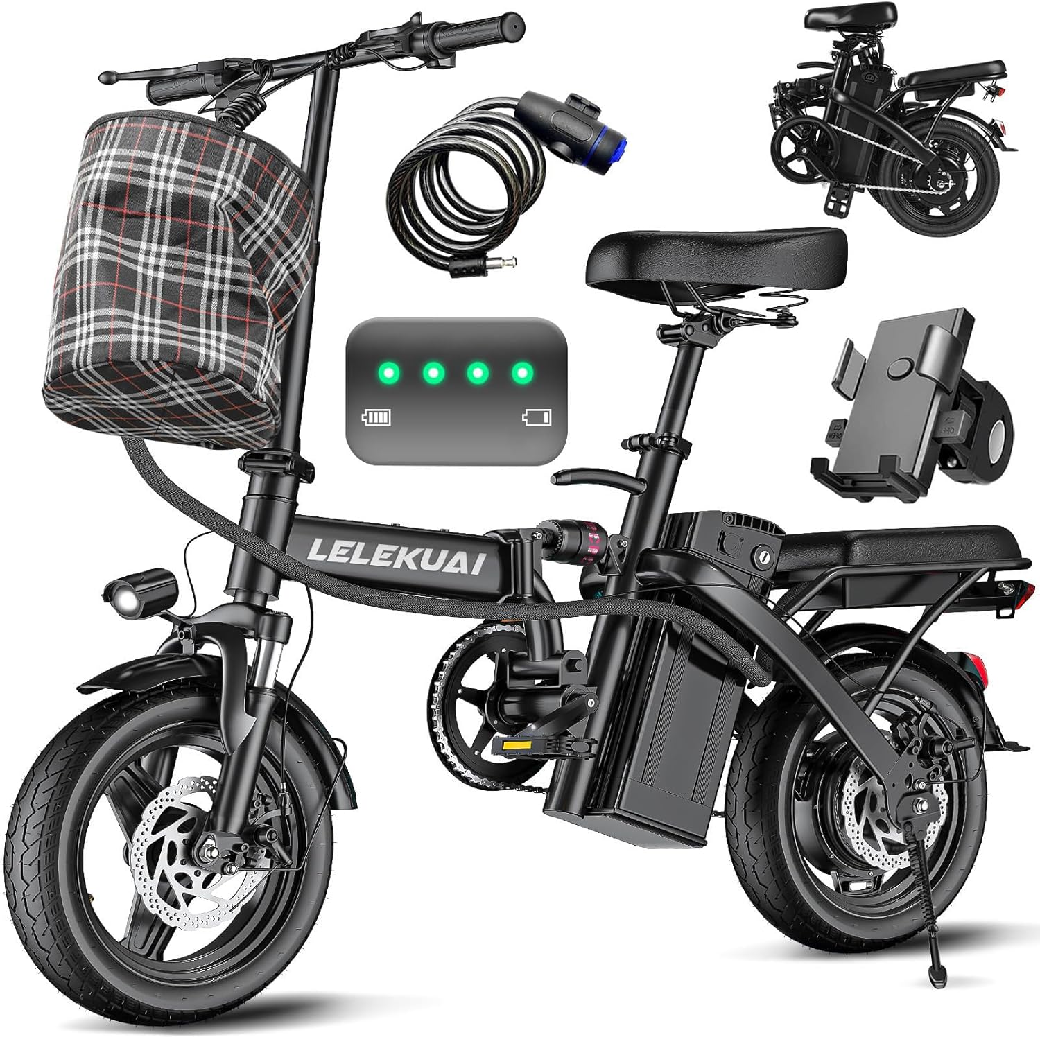 LELEKUAI Electric Bike for Adults and Teens, 520W-560W Motor, 20-24MPH, 32 Miles Range, 48V 10Ah Battery, 3-Level Pedal Assist, 14' Foldable Mini Electric Bicycle, UL 2849 Certified