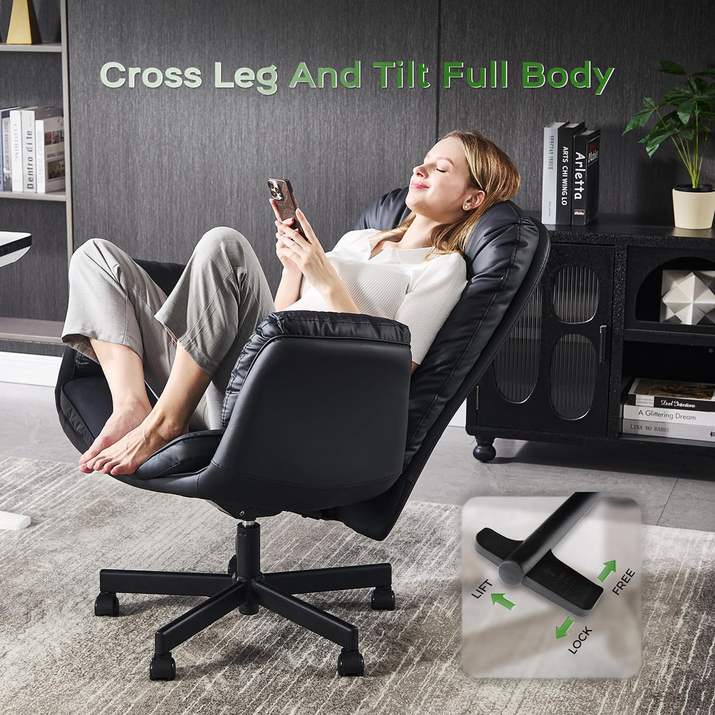 amseatec Criss Cross Chair with Armrests & Wheels for Cross-Legged Sitting, Comfortable Adjustable Swivel Office Desk Chair –PU Leather Vanity Chair for Home, Makeup and Bedroom (Black)