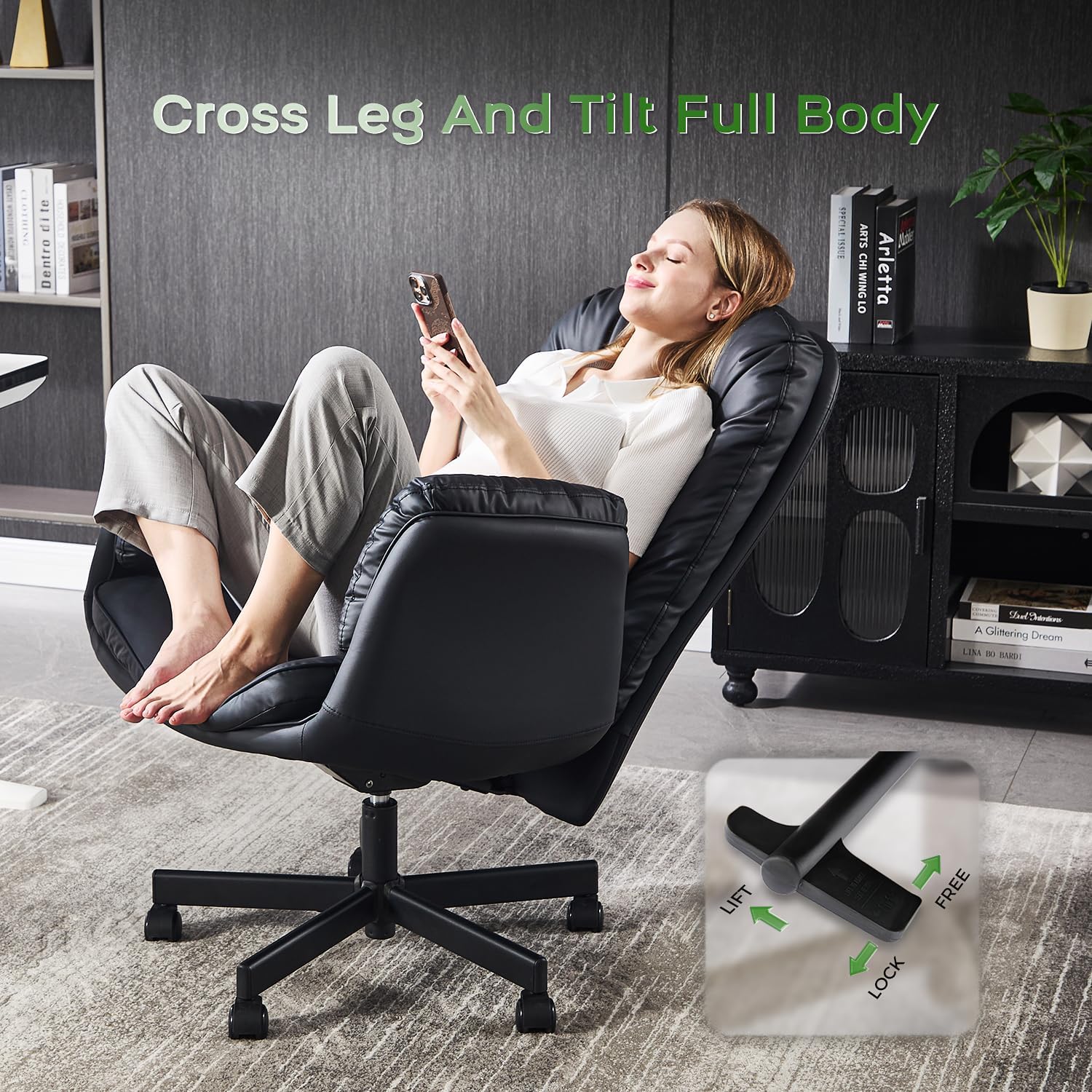 amseatec Criss Cross Chair with Armrests & Wheels for Cross-Legged Sitting, Comfortable Adjustable Swivel Office Desk Chair –PU Leather Vanity Chair for Home, Makeup and Bedroom (Black)
