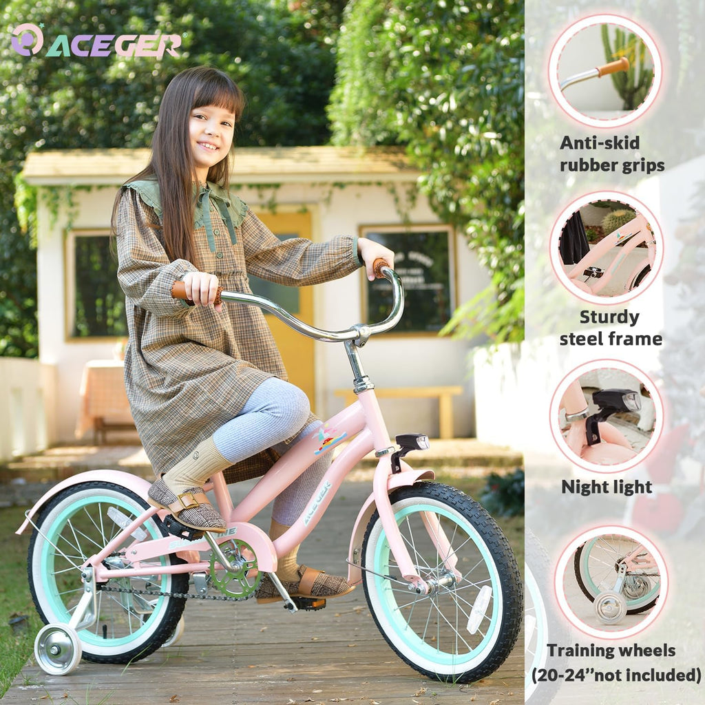 ACEGER Girls Beach Cruiser Bike for Kids 5-13 Years Old, 16' 18' 20' 24' Single Speed Kids Bicycle Included Coaster Brake, Front and Rear Reflectors, 24' 7 Speeds with Dual Brakes